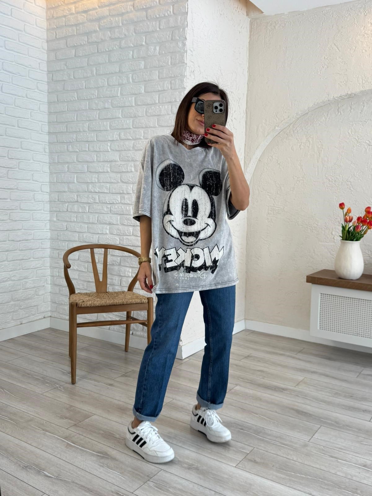 Eskitme Miki Baskılı Oversize Tişört 