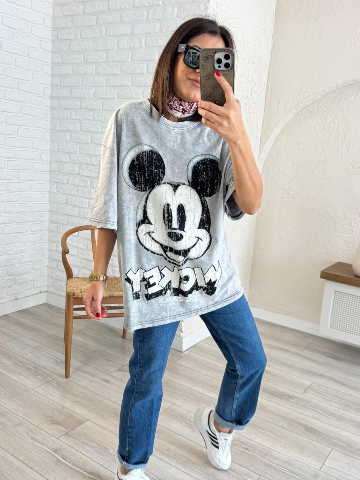 Eskitme Miki Baskılı Oversize Tişört 