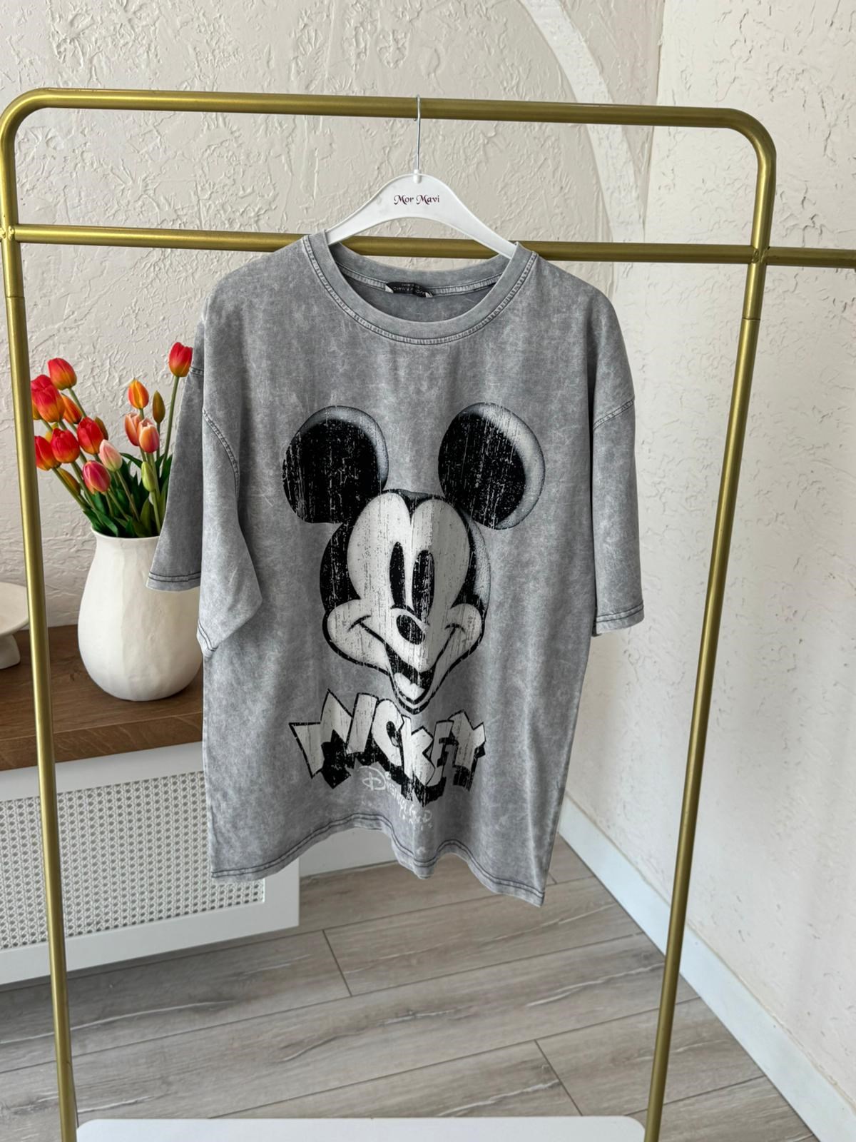 Eskitme Miki Baskılı Oversize Tişört 