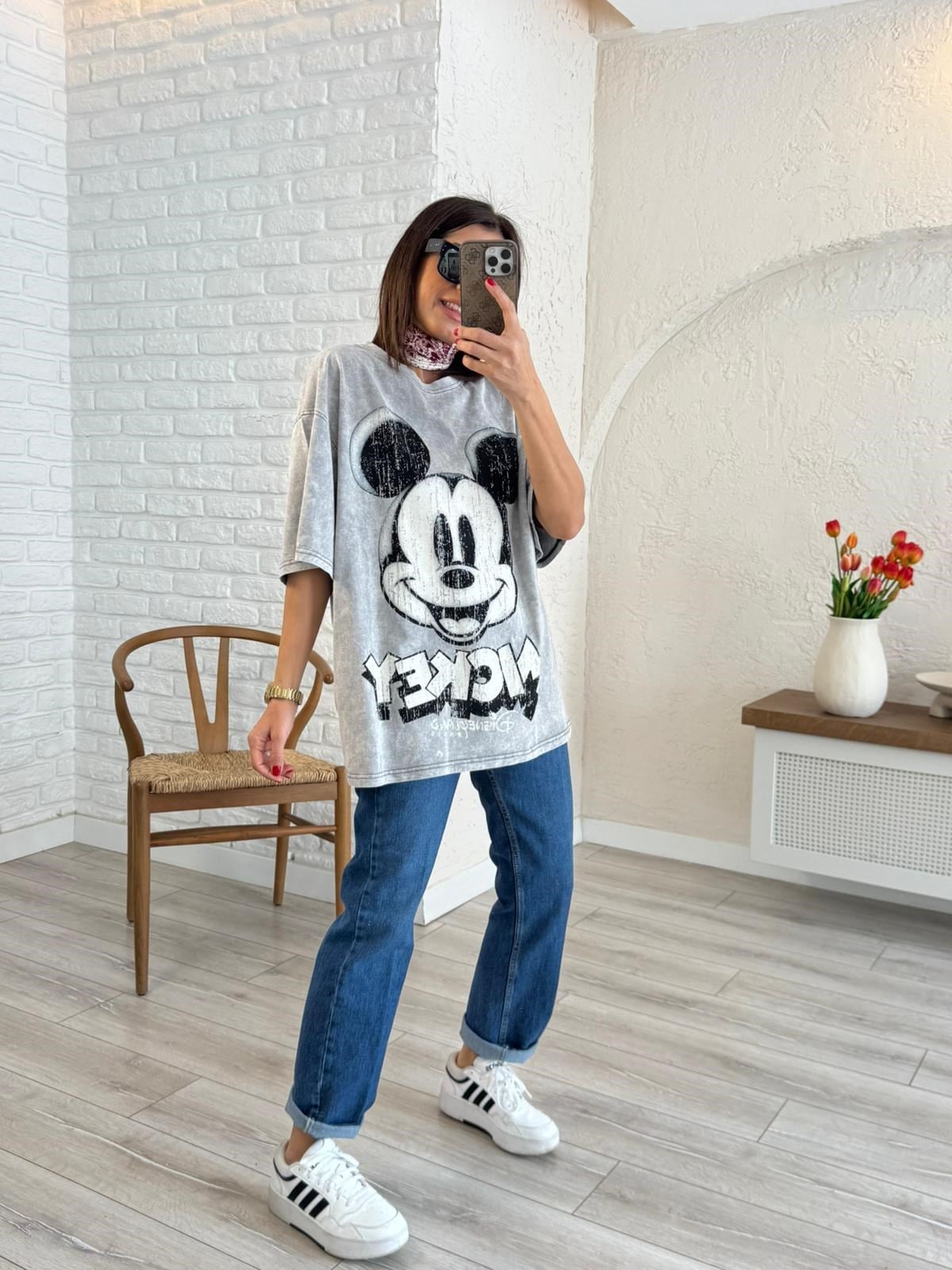 Eskitme Miki Baskılı Oversize Tişört 