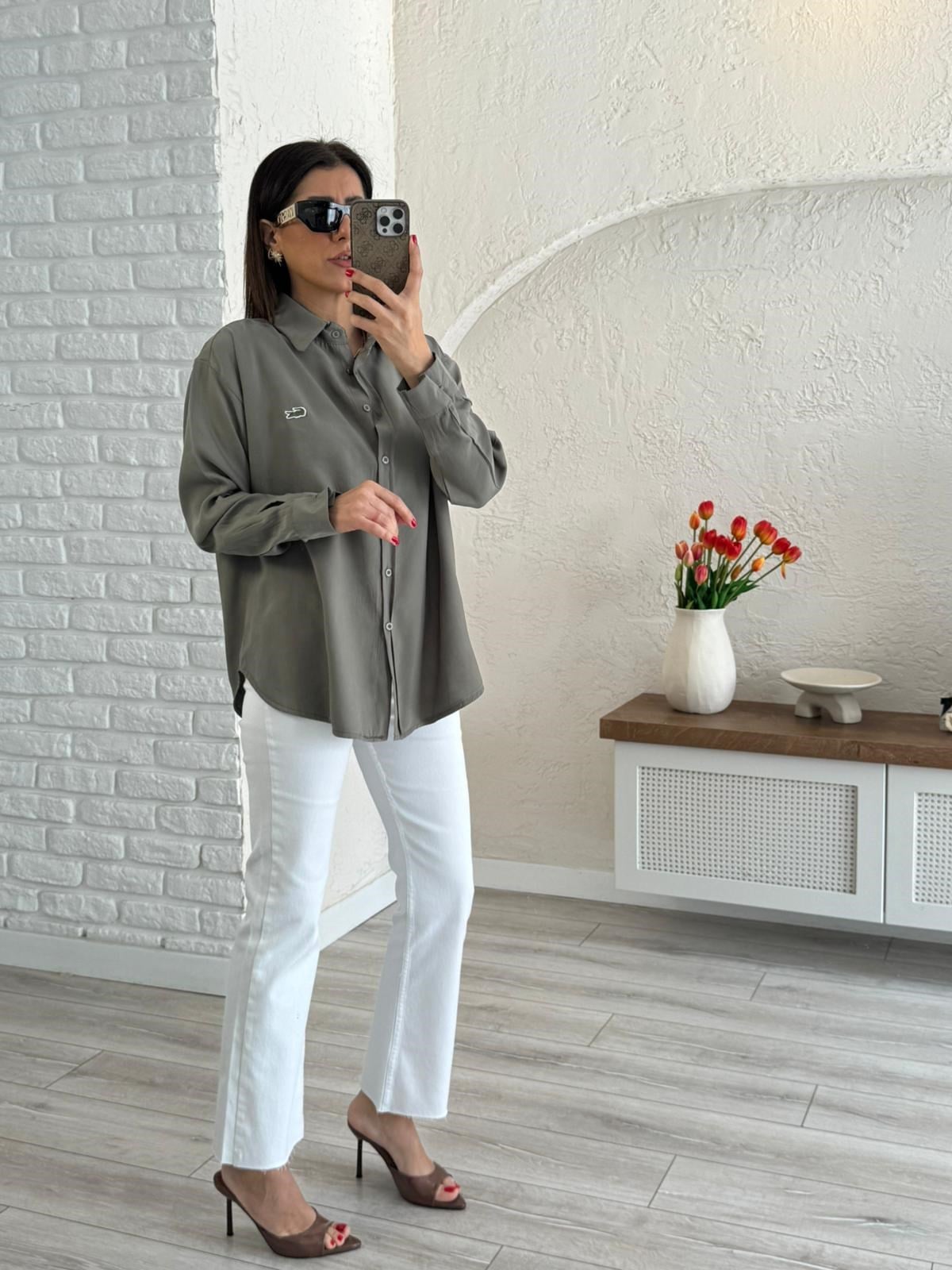 Haki Kupra Uzun Kol Gömlek