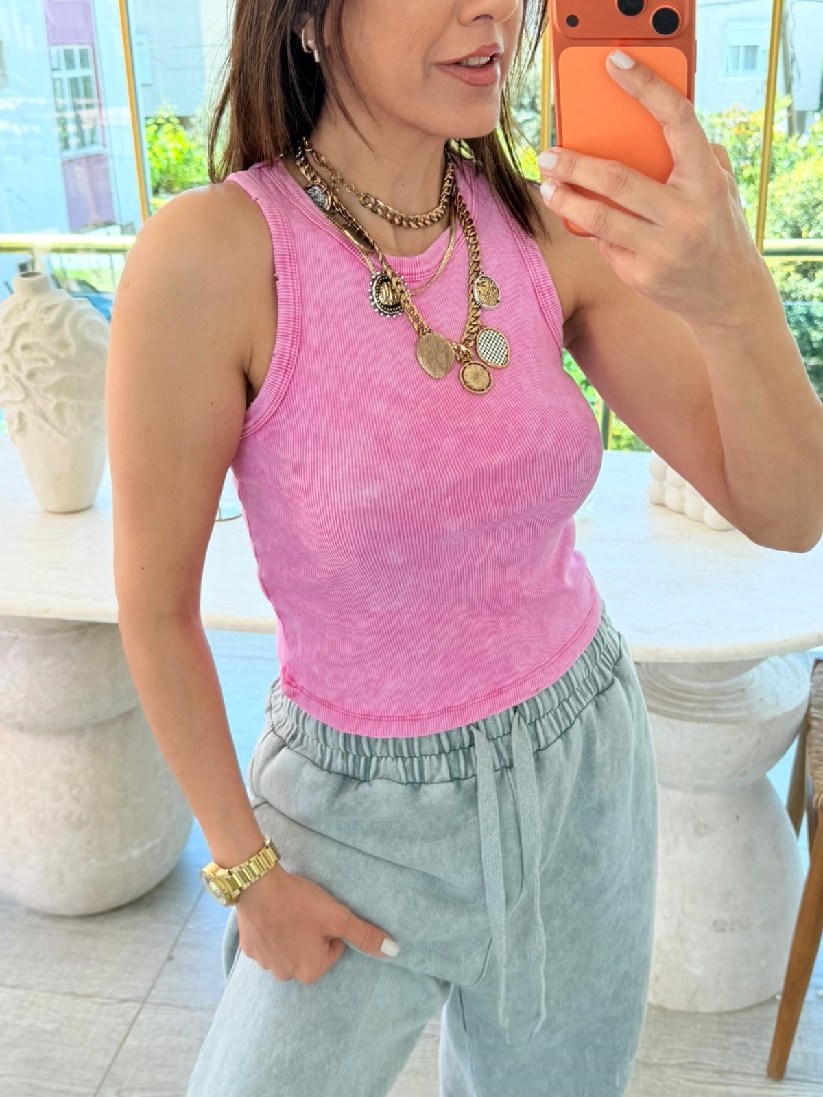Halter Yaka Taşlama Atlet Pembe