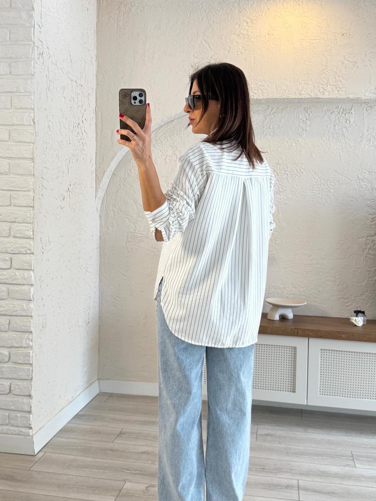 Kadın Modal Kumaş Çizgili Gömlek Ekru