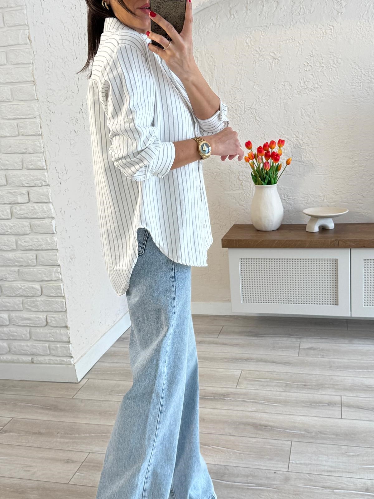 Kadın Modal Kumaş Çizgili Gömlek Ekru