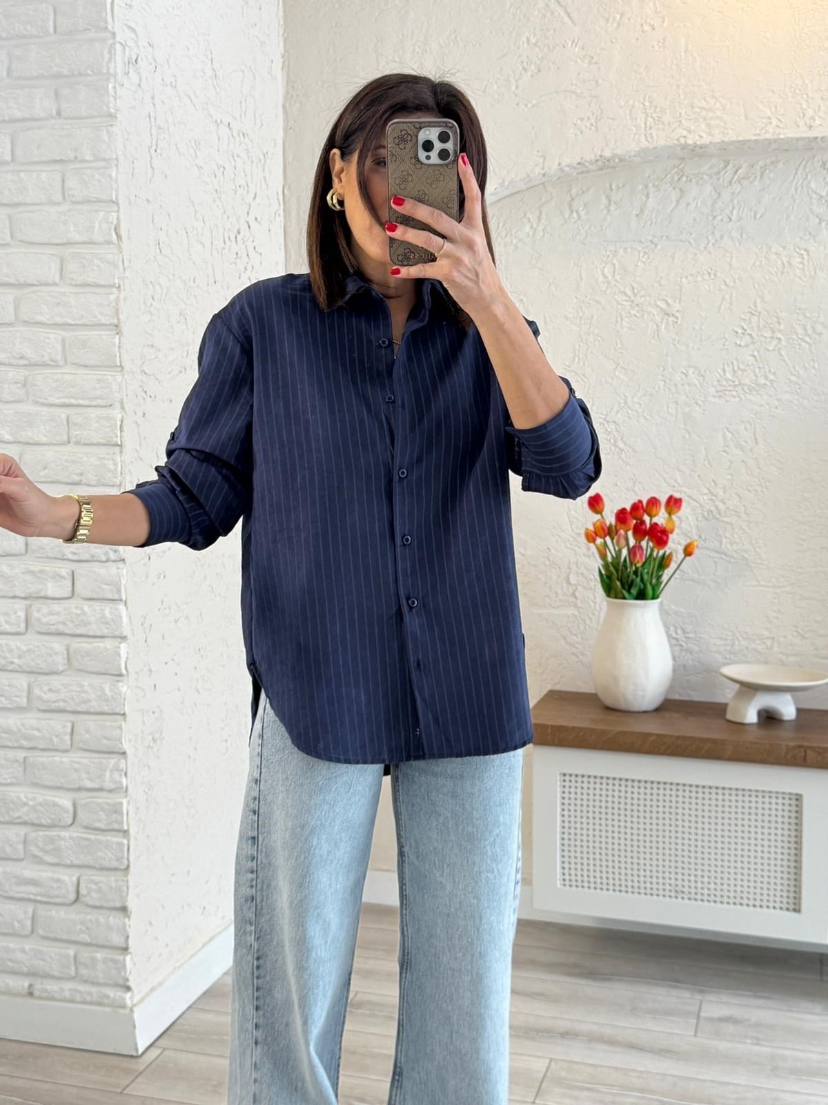 Kadın Modal Kumaş Çizgili Gömlek Lacivert