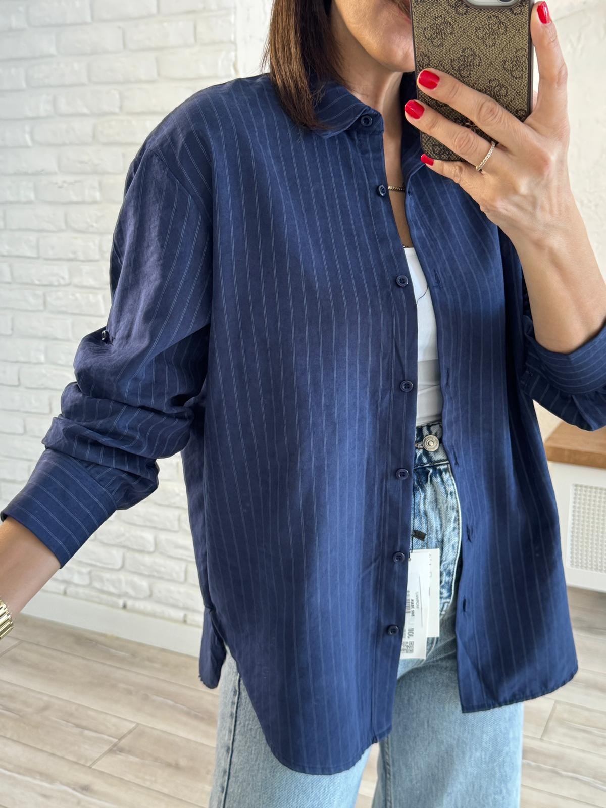 Kadın Modal Kumaş Çizgili Gömlek Lacivert