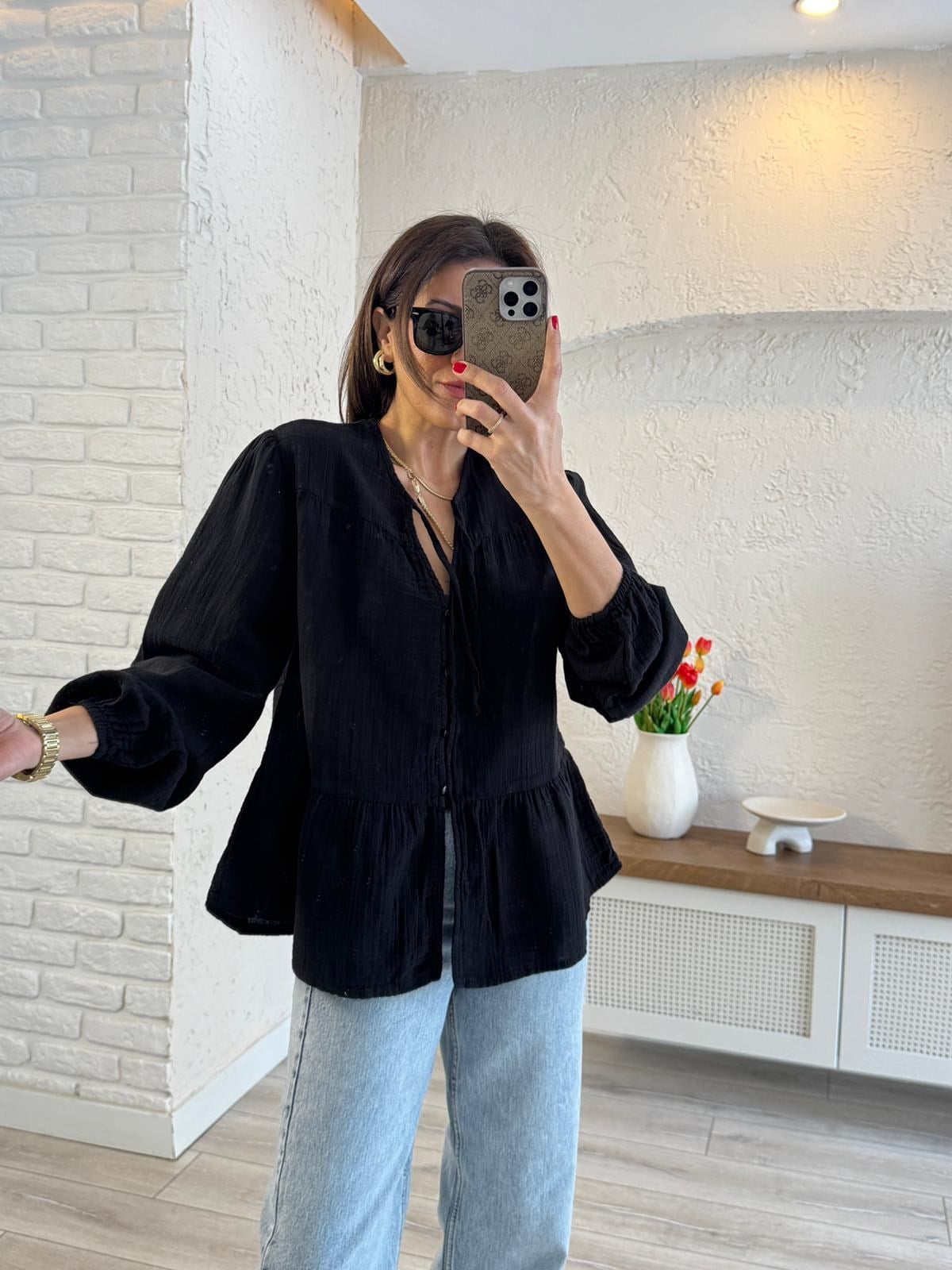 Kadın Yakası Bağlamalı Kolu Lastikli Bol Müslin Siyah