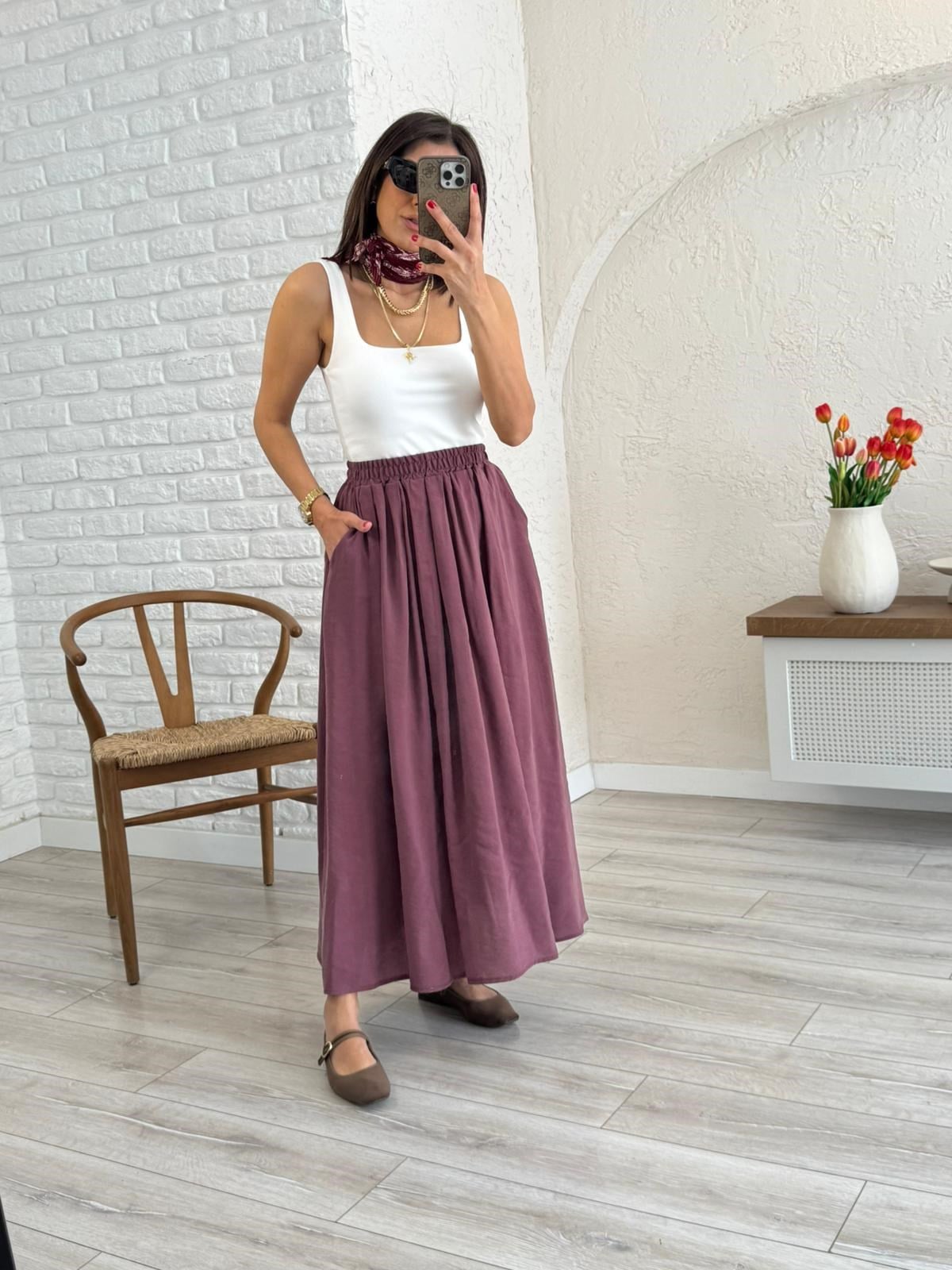 Kadın Yandan Cepli Pileli Etek Mürdüm