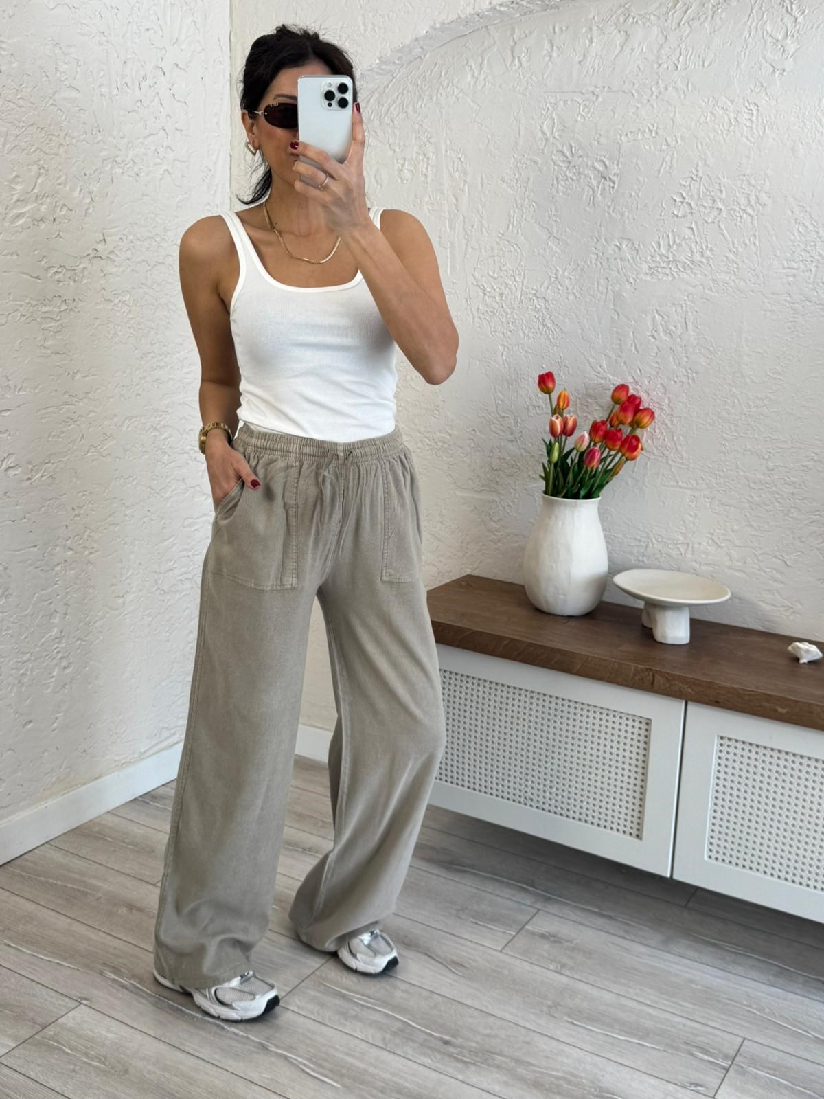 Kadın Yüksek Bel Viskon Palazzo Pantolon Antik Vizon