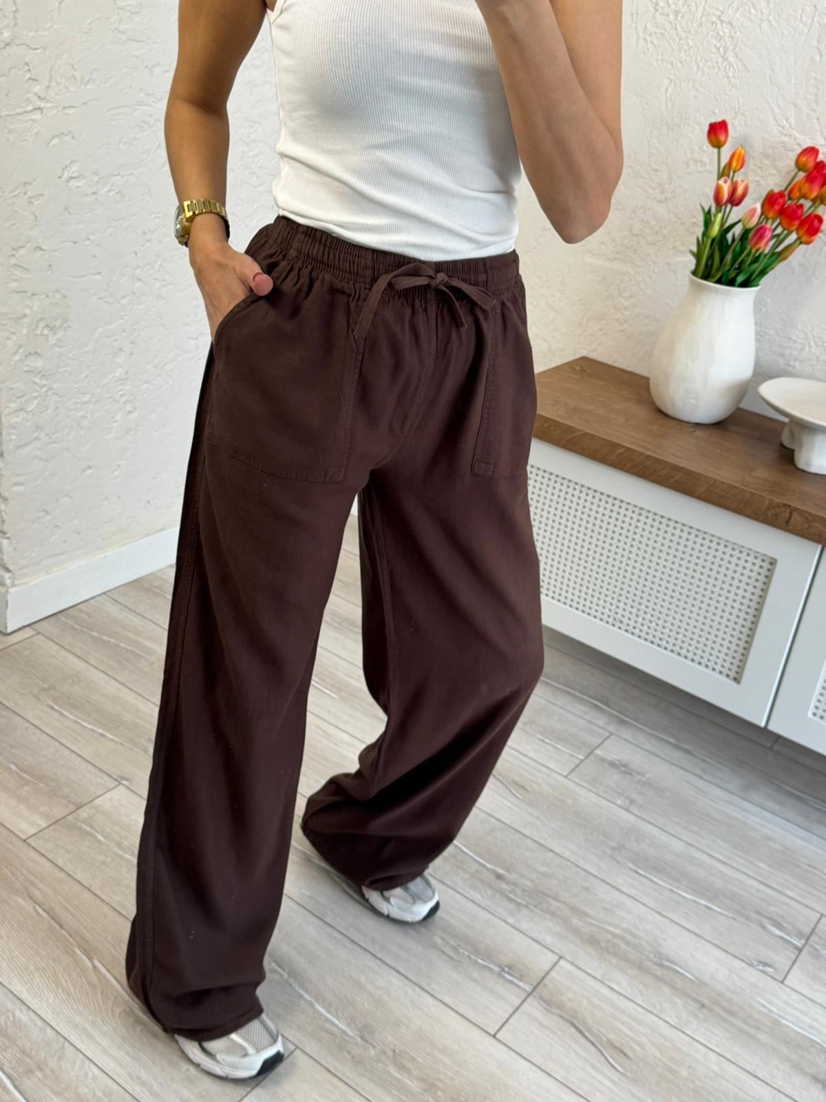 Kadın Yüksek Bel Viskon Palazzo Pantolon Kahve