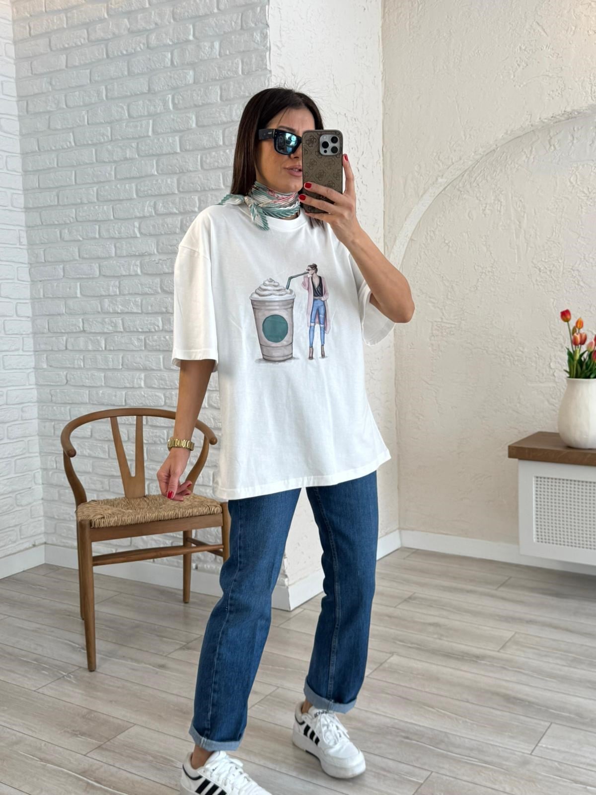 Kahve Kadın Baskılı Oversize Tişort 