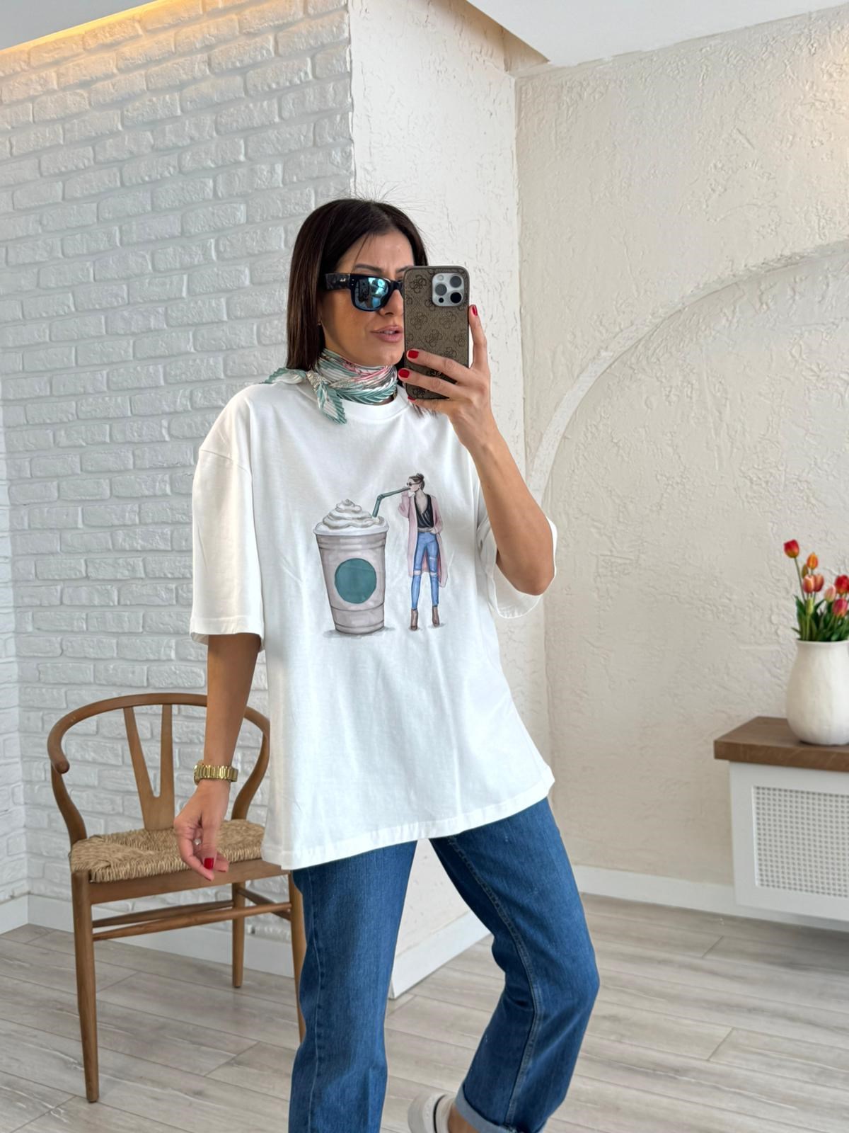 Kahve Kadın Baskılı Oversize Tişort 
