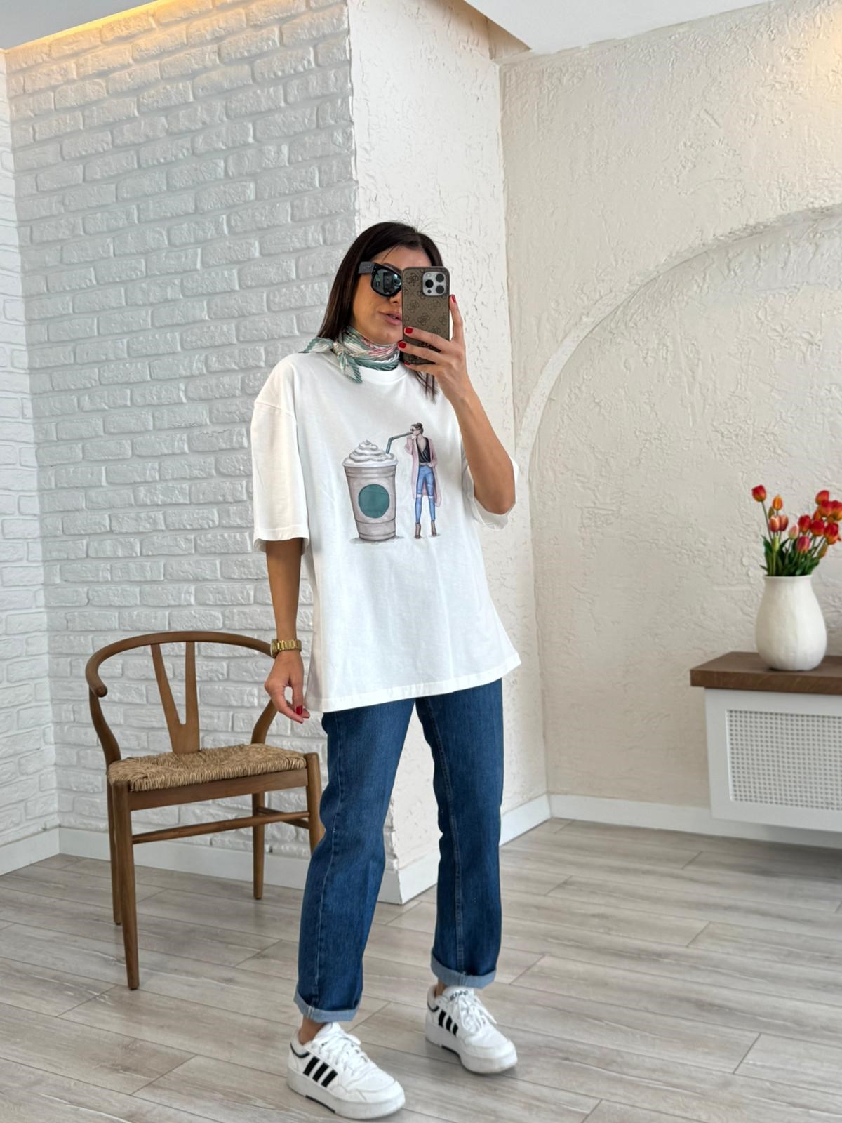 Kahve Kadın Baskılı Oversize Tişort 