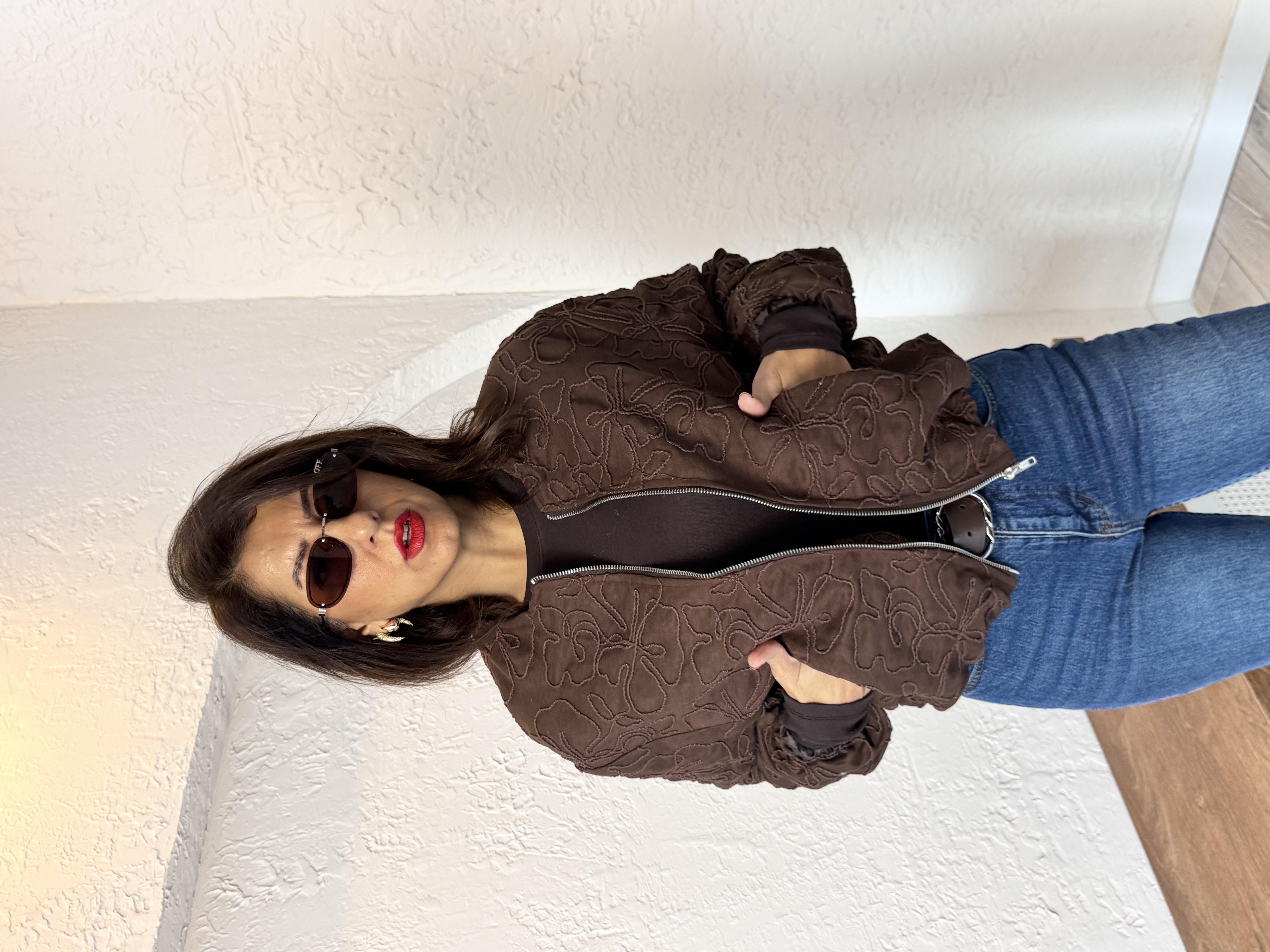 Kahve Nakışlı Bomber Ceket