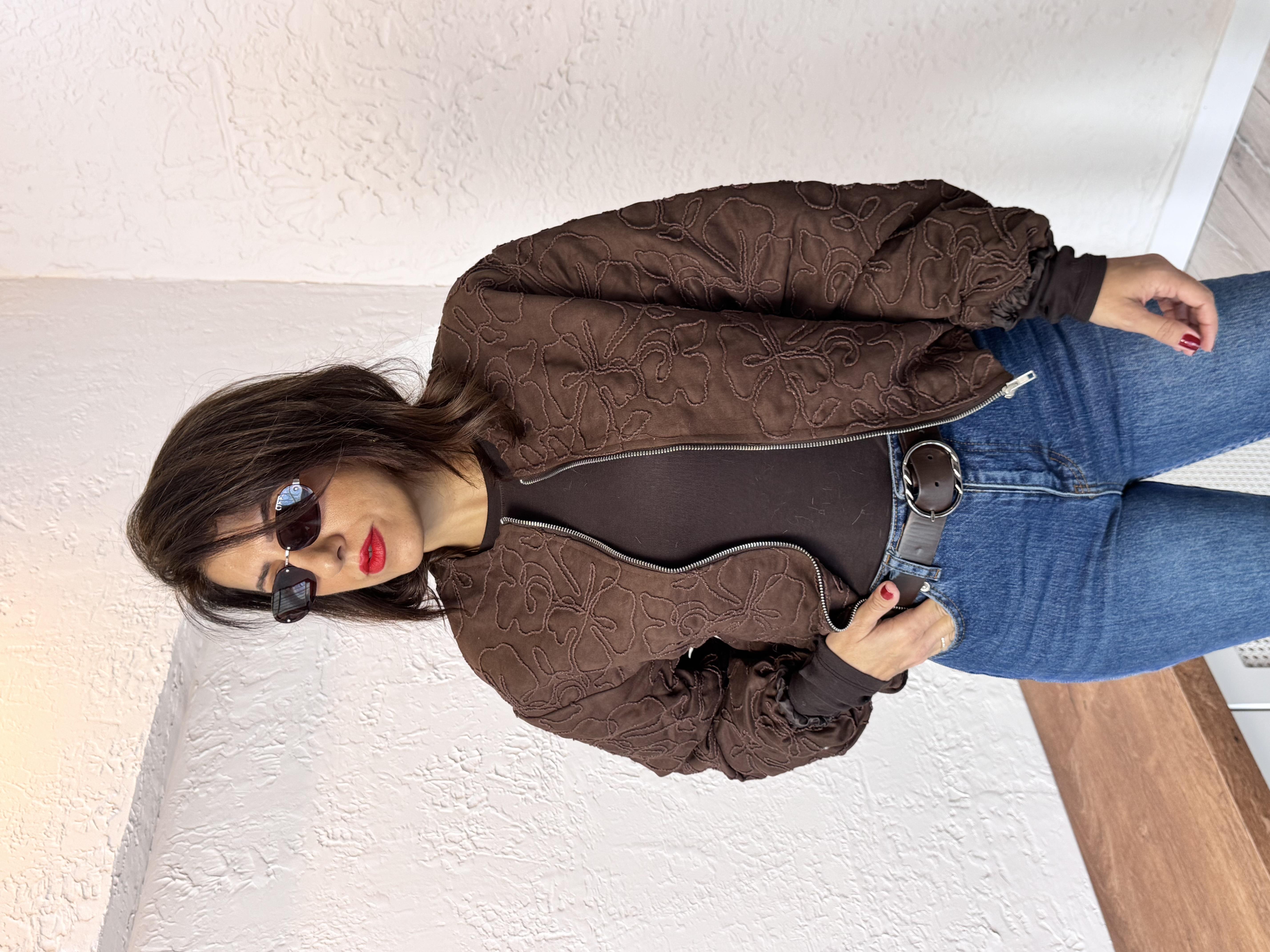 Kahve Nakışlı Bomber Ceket
