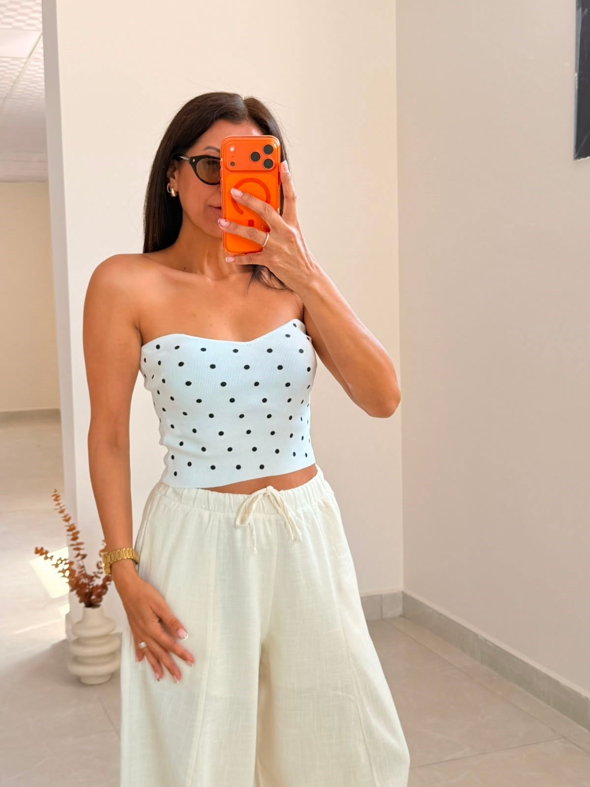 Kalp Yaka Puantiyeli Crop Top Beyaz 
