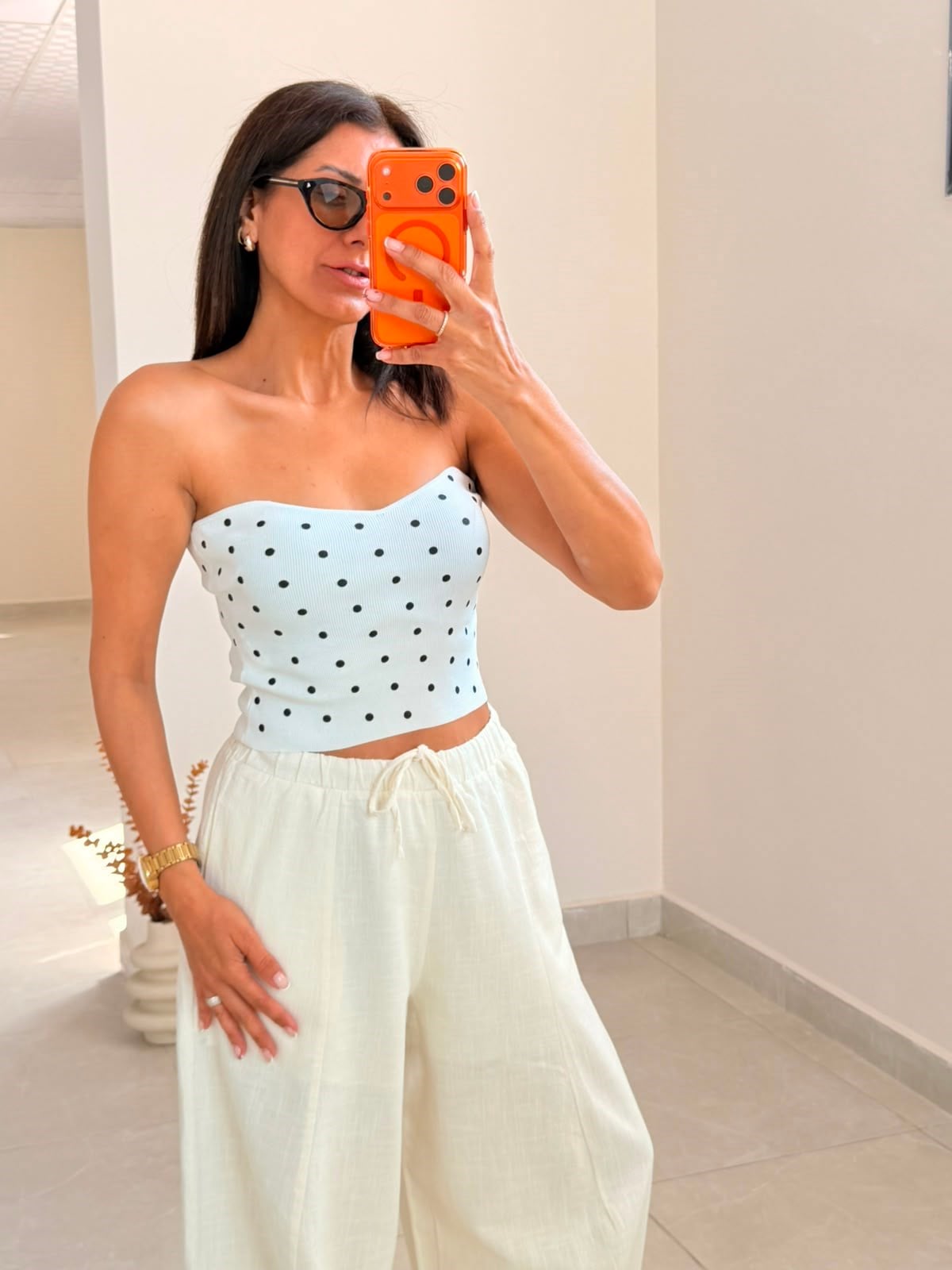 Kalp Yaka Puantiyeli Crop Top Beyaz 