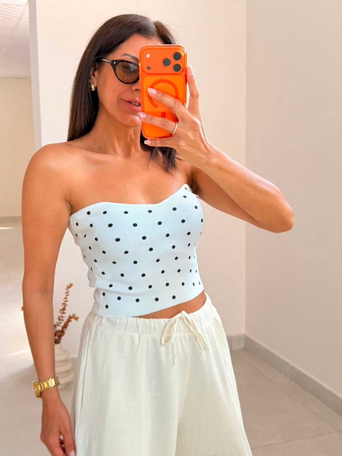 Kalp Yaka Puantiyeli Crop Top Beyaz 