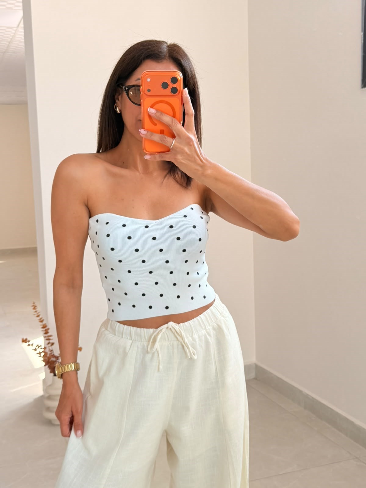 Kalp Yaka Puantiyeli Crop Top Beyaz 