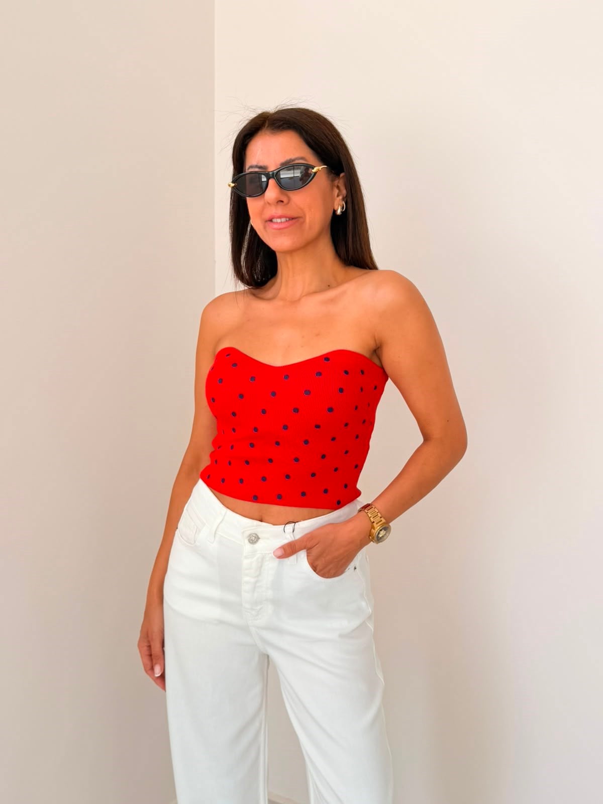 Kalp Yaka Puantiyeli Crop Top Kırmızı