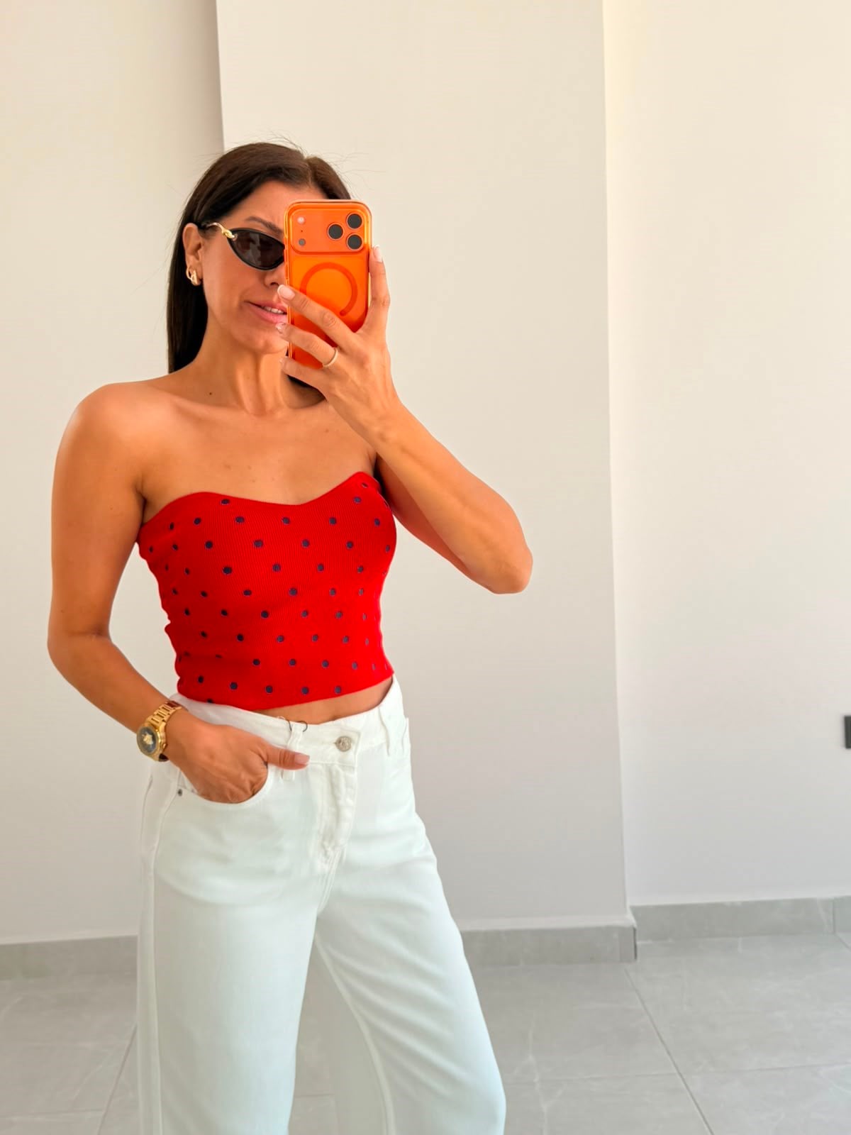 Kalp Yaka Puantiyeli Crop Top Kırmızı
