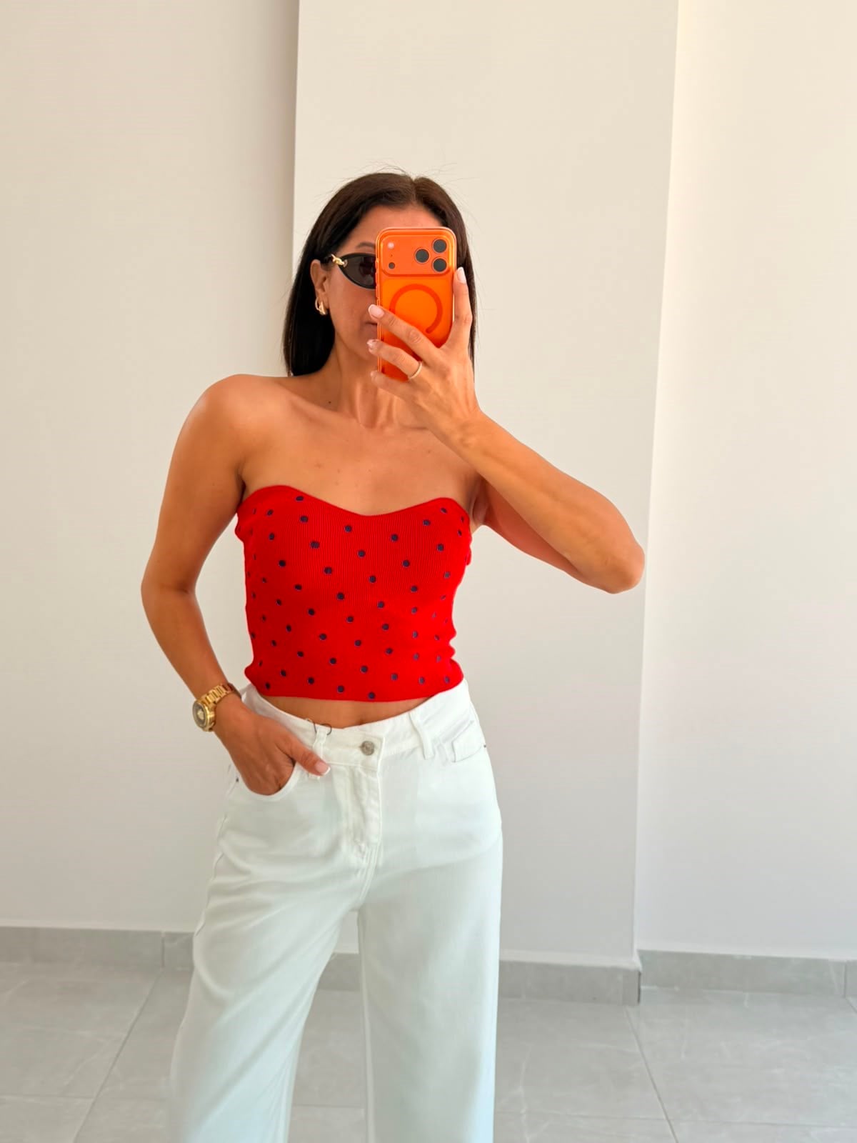 Kalp Yaka Puantiyeli Crop Top Kırmızı