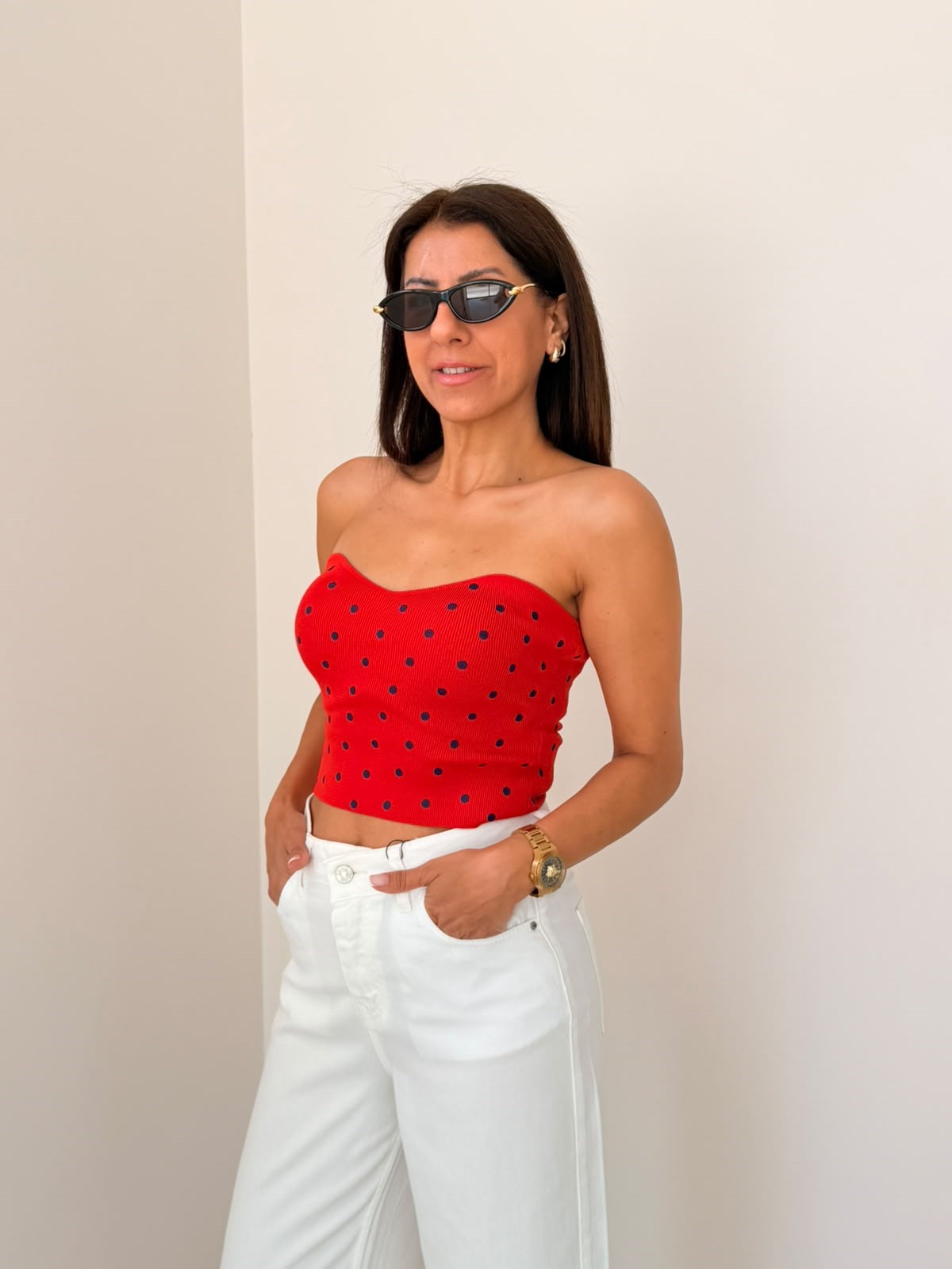 Kalp Yaka Puantiyeli Crop Top Kırmızı