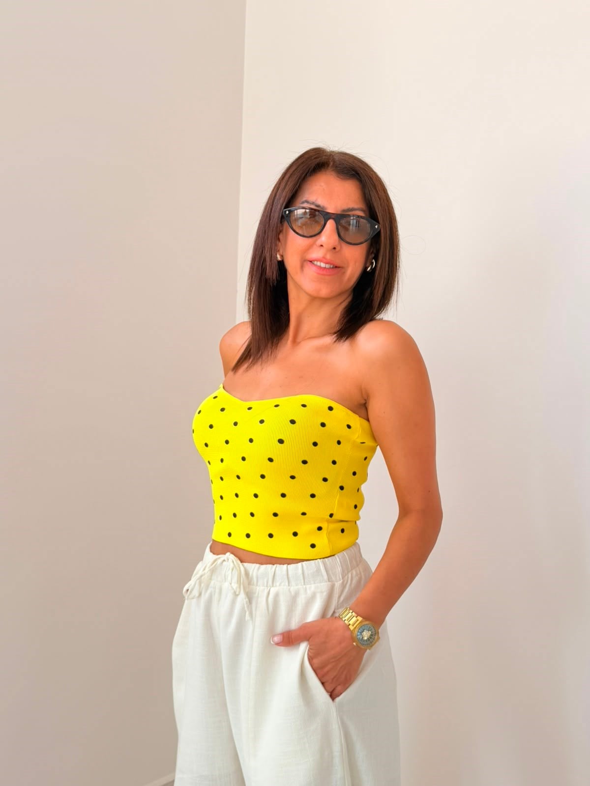 Kalp Yaka Puantiyeli Crop Top Sarı