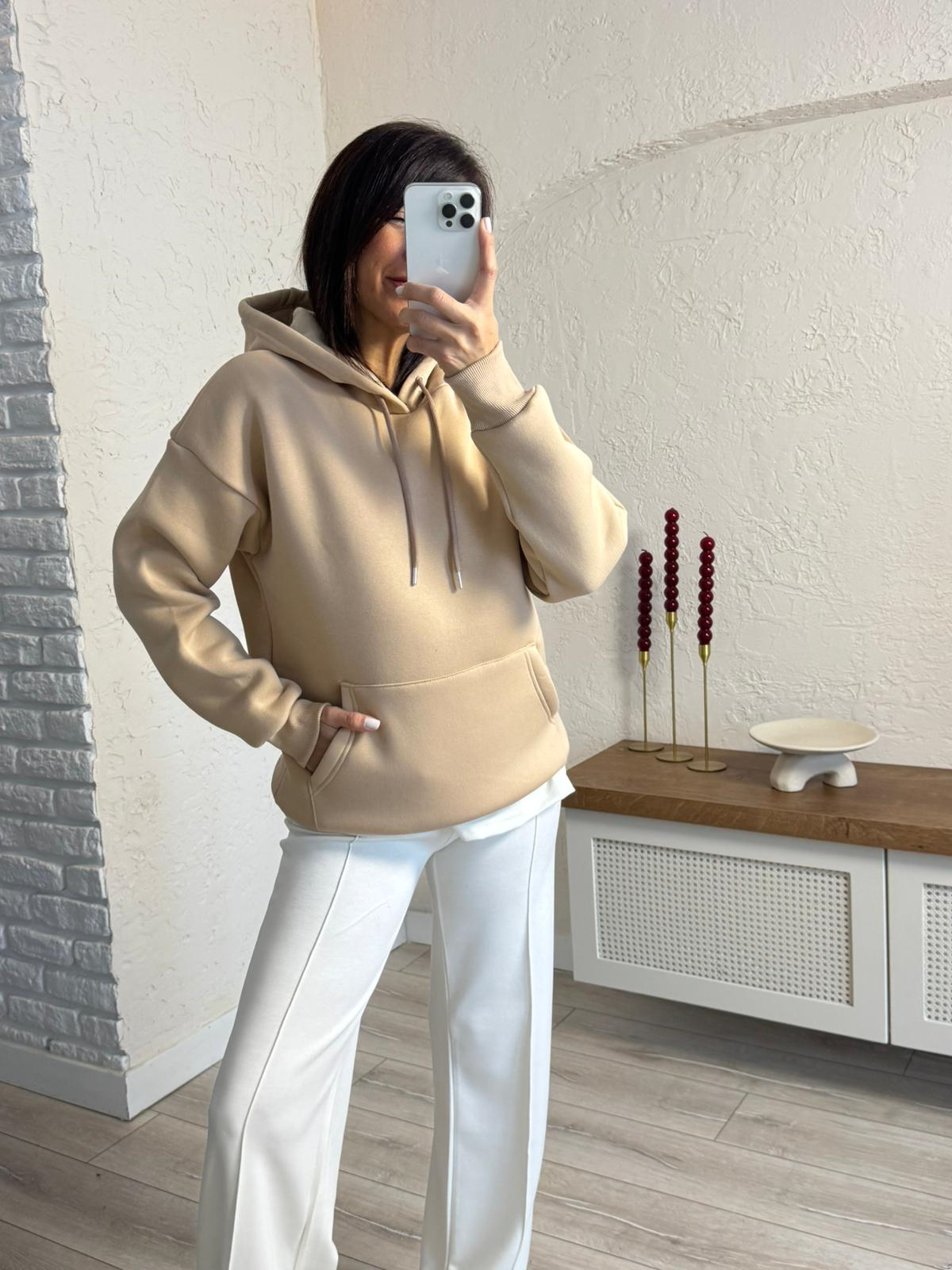 Kapüşonlu Üç İplik Şardonlu Kanguru Cep Sweat Koyu Bej