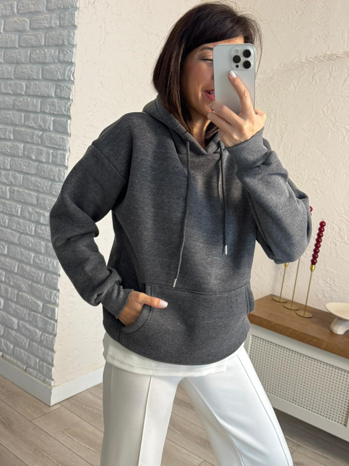 Kapüşonlu Üç İplik Şardonlu Kanguru Cep Sweat Koyu Gri