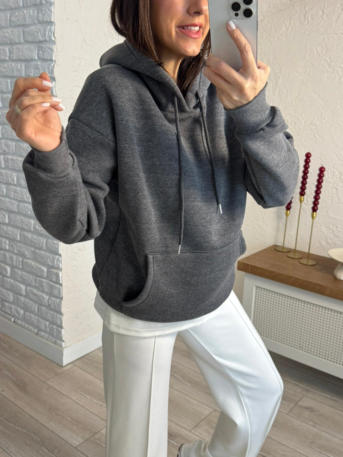 Kapüşonlu Üç İplik Şardonlu Kanguru Cep Sweat Koyu Gri