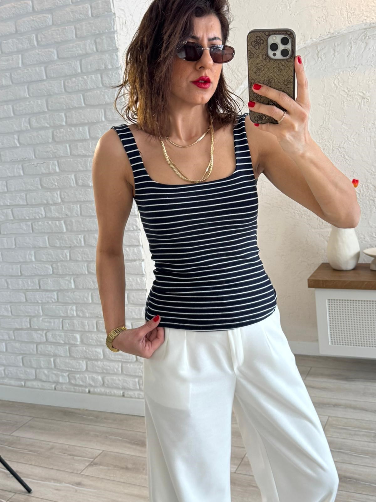 Kare Yaka Çizgili Korse Atlet Lacivert
