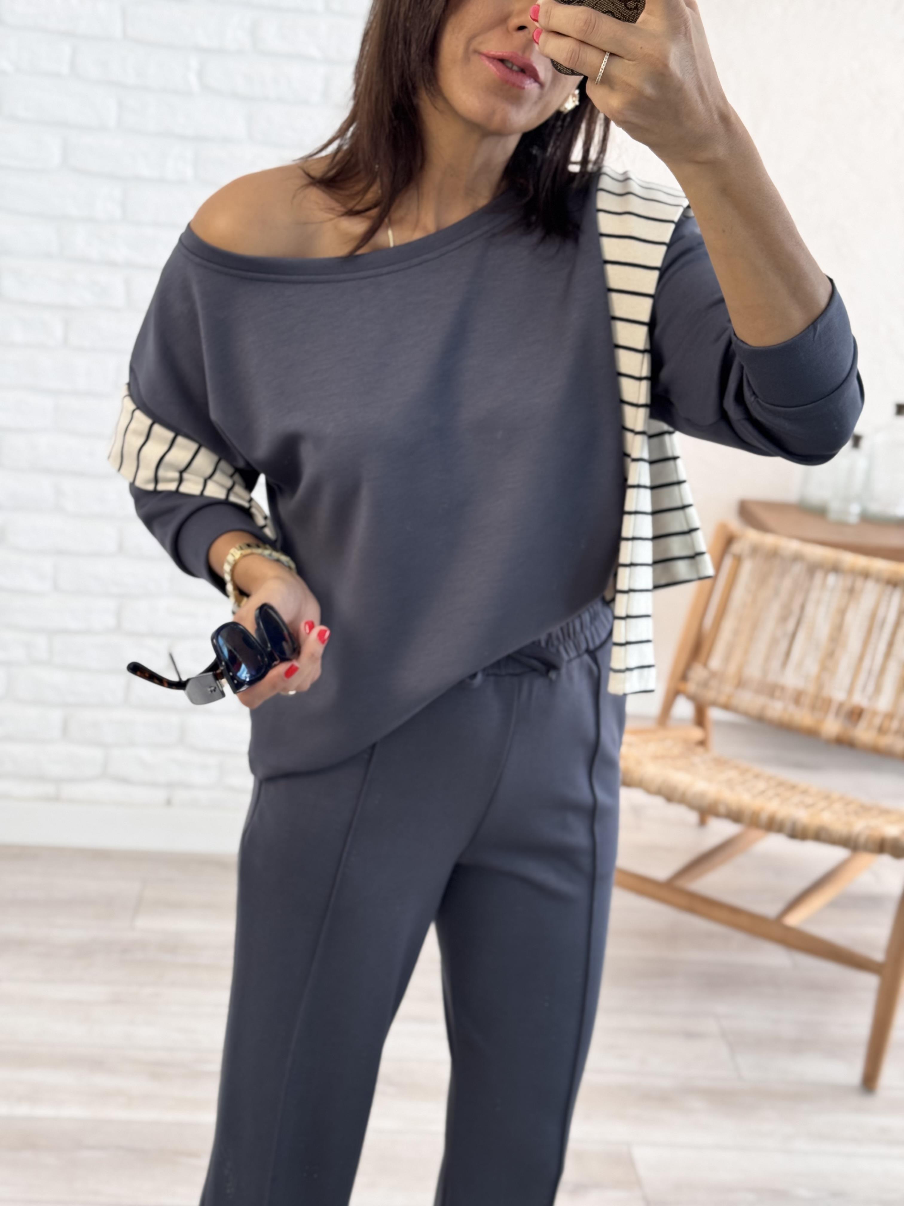 Kayık Yaka Ön Çımalı Palazzo Takım Gri