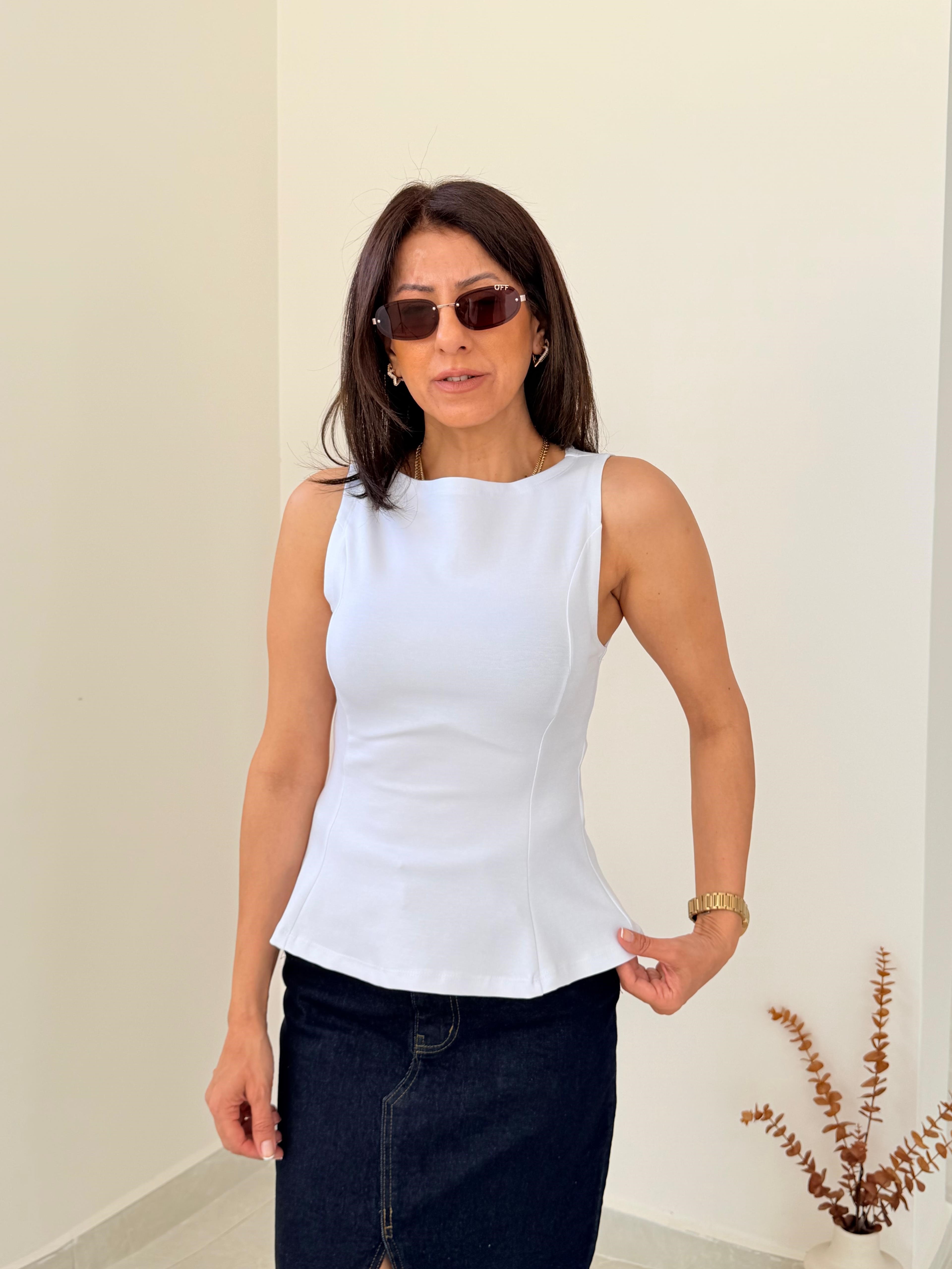 Kayık Yaka Peblum Top Beyaz