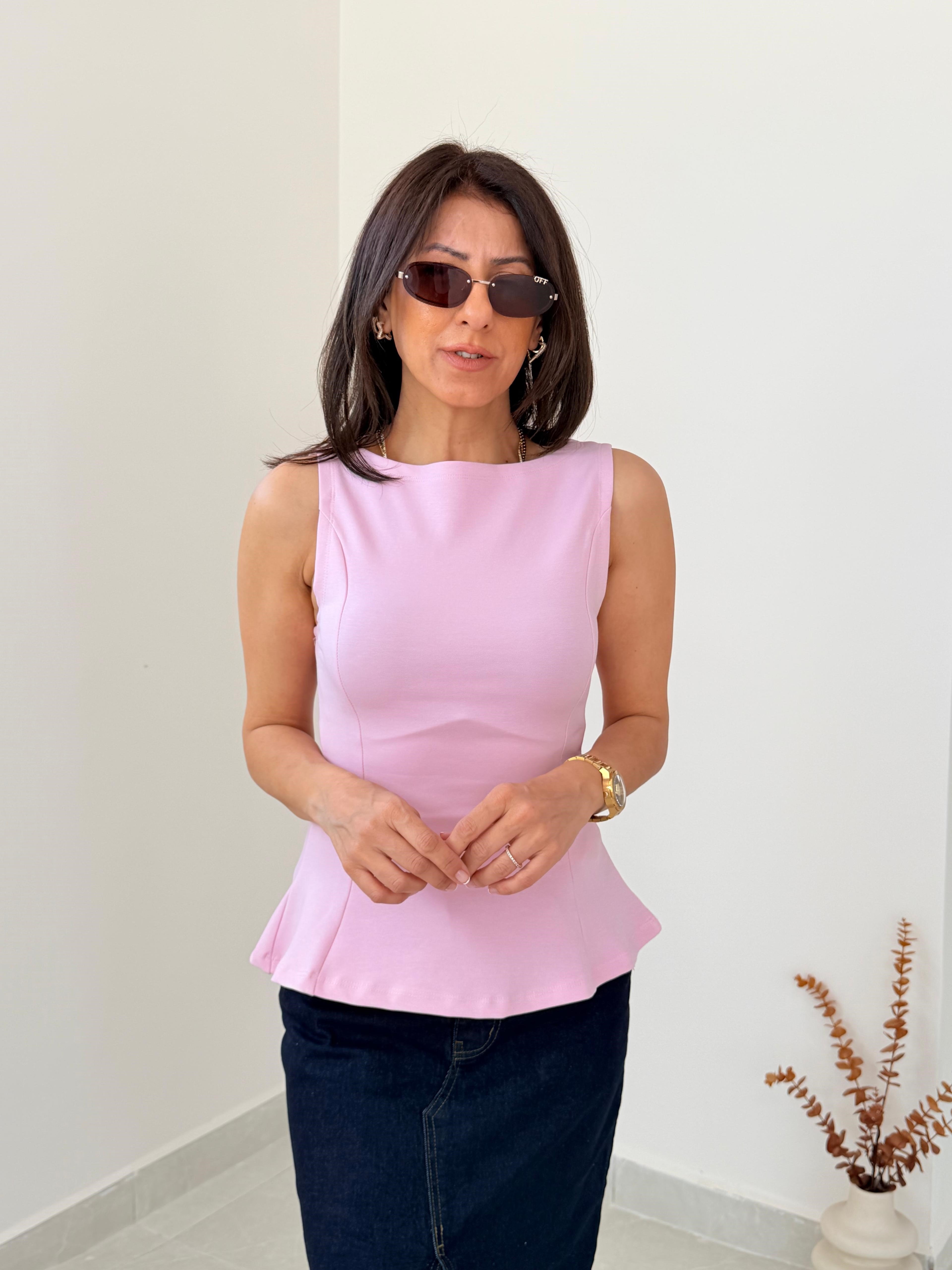 Kayık Yaka Peblum Top Pembe