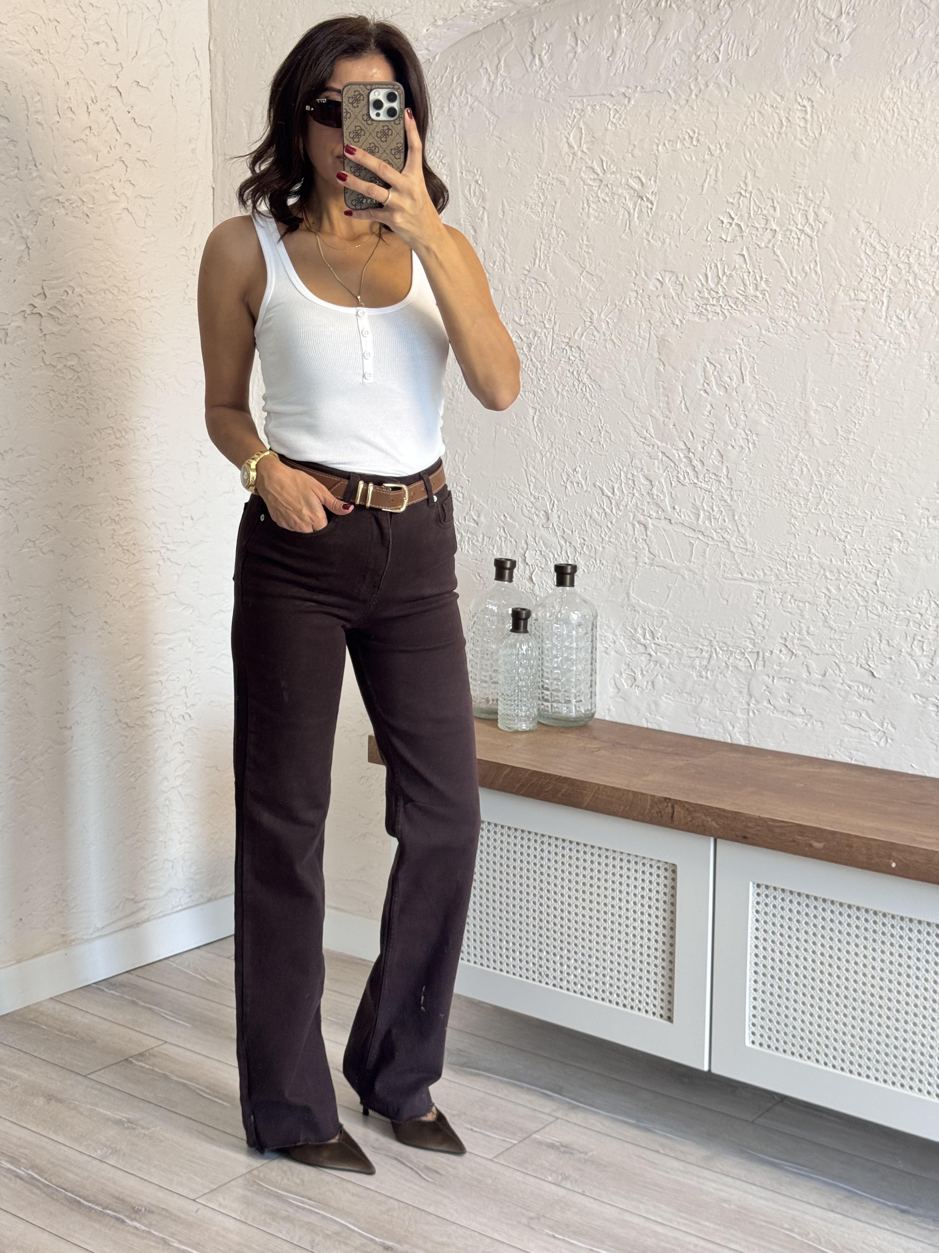 Kesik Paça Straght Jean Eskitme Kahve