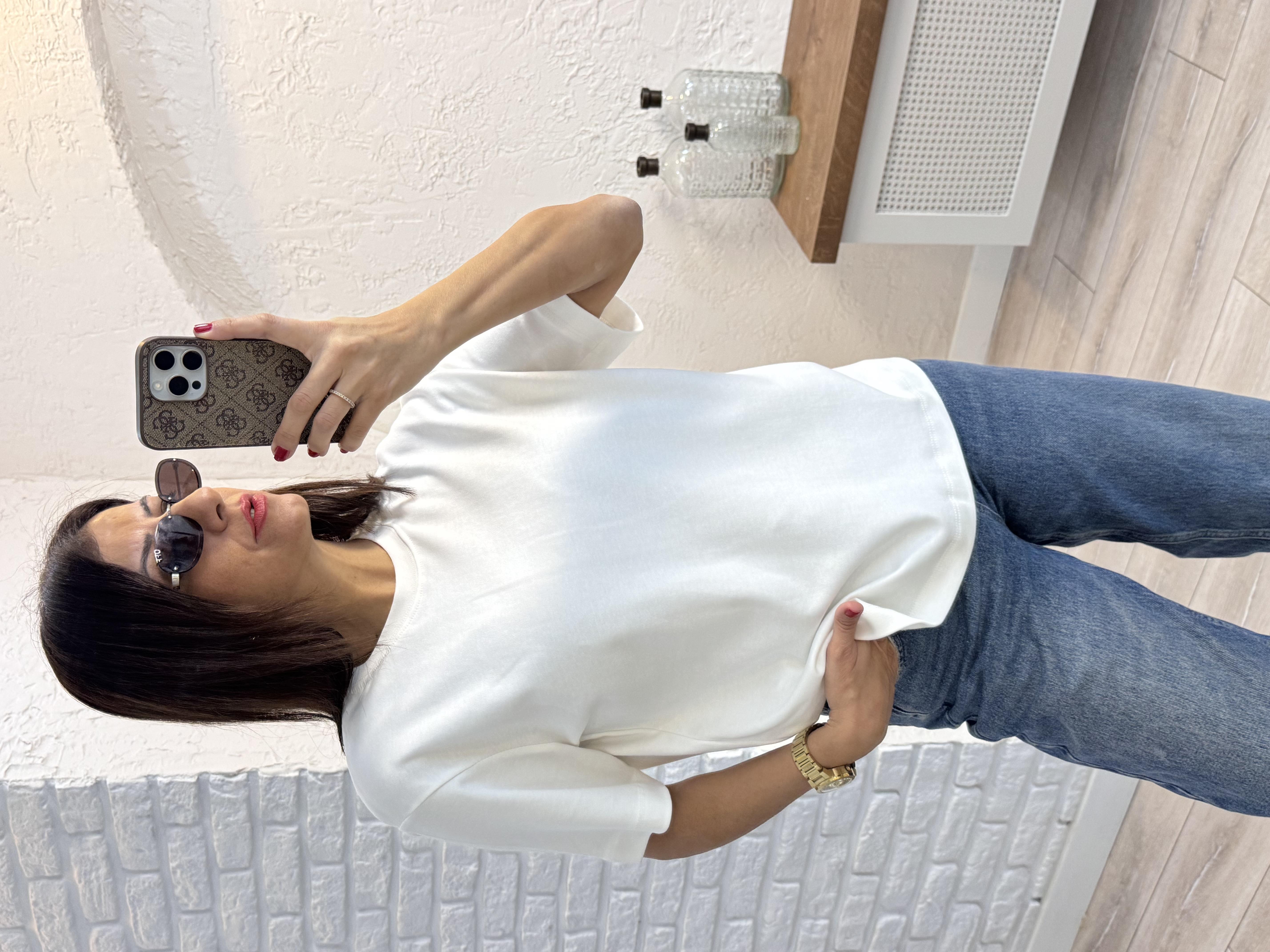 Kısa Kol Düz Tshirt Ekru