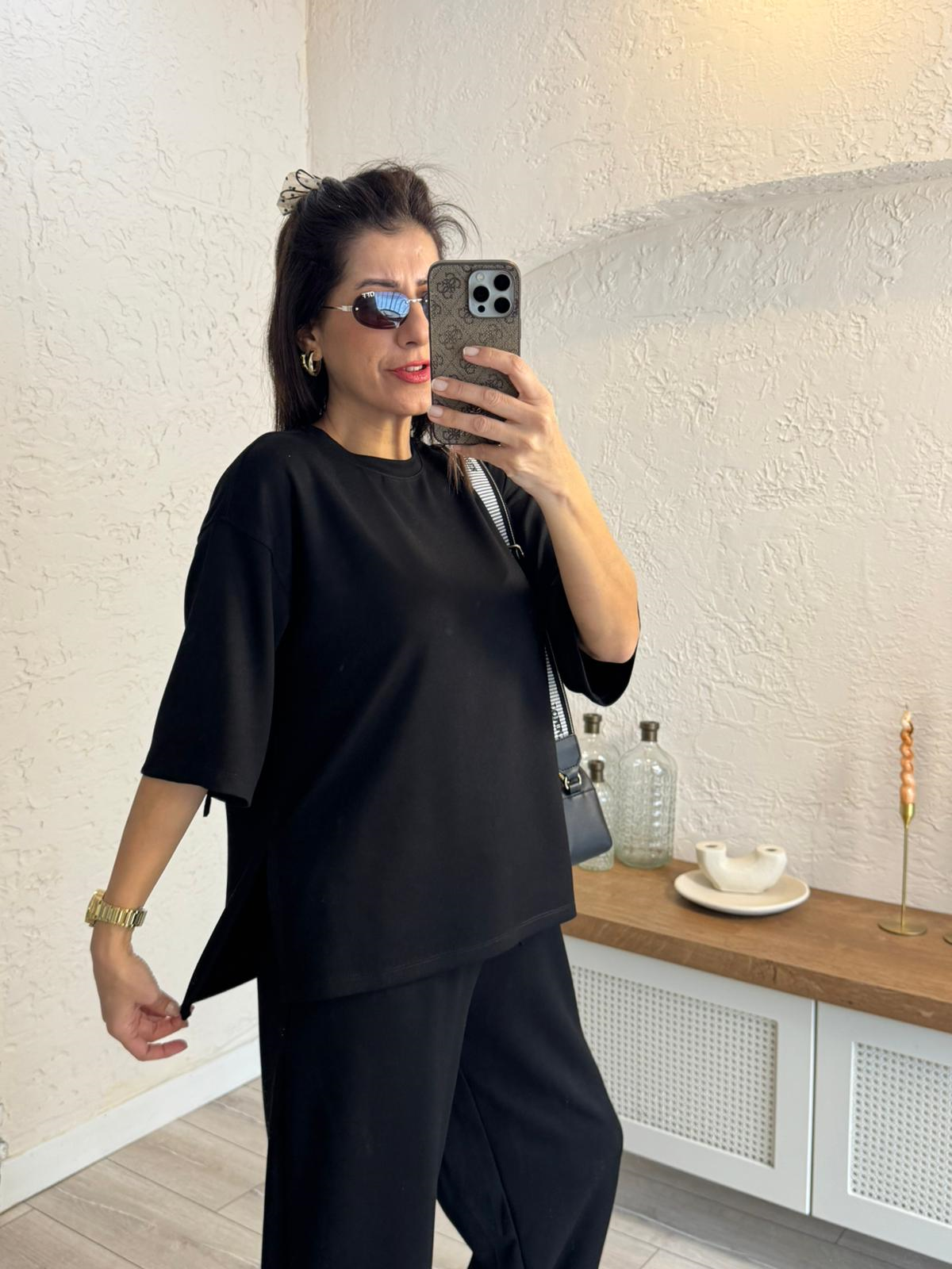 Kısa Kollu Yan Yırtmaçlı Şalvarlı Modal Takım Siyah