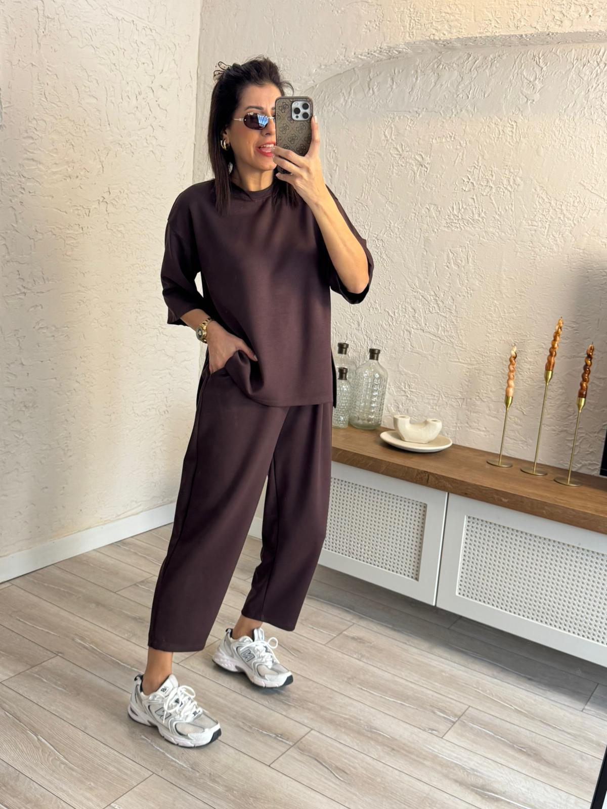 Kısa Kollu Yan Yırtmaçlı Şalvarlı Modal Takım  Kahve