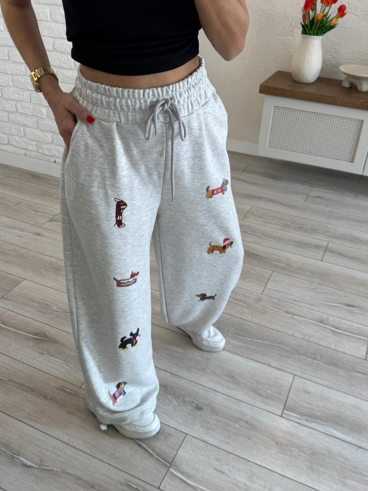 Köpek Baskılı Paça Ayarlanabilir Eşofman Gri 