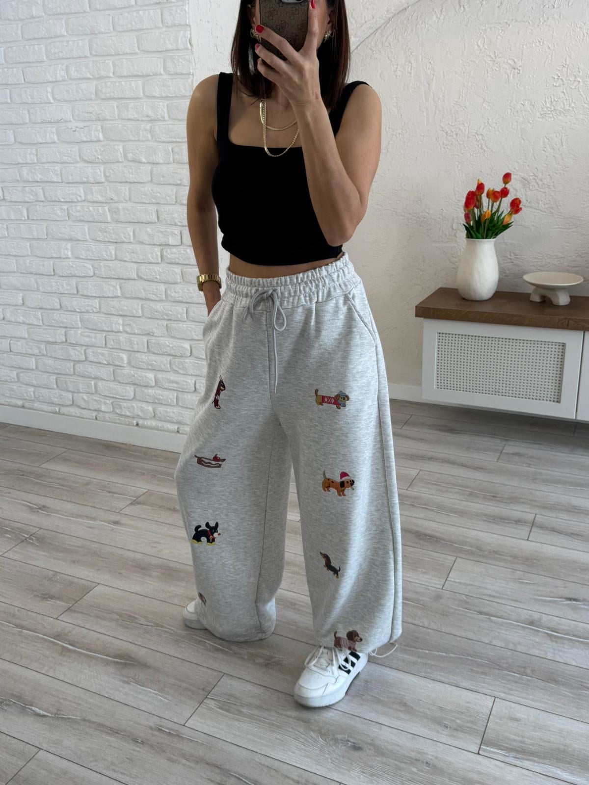 Köpek Baskılı Paça Ayarlanabilir Eşofman Gri 