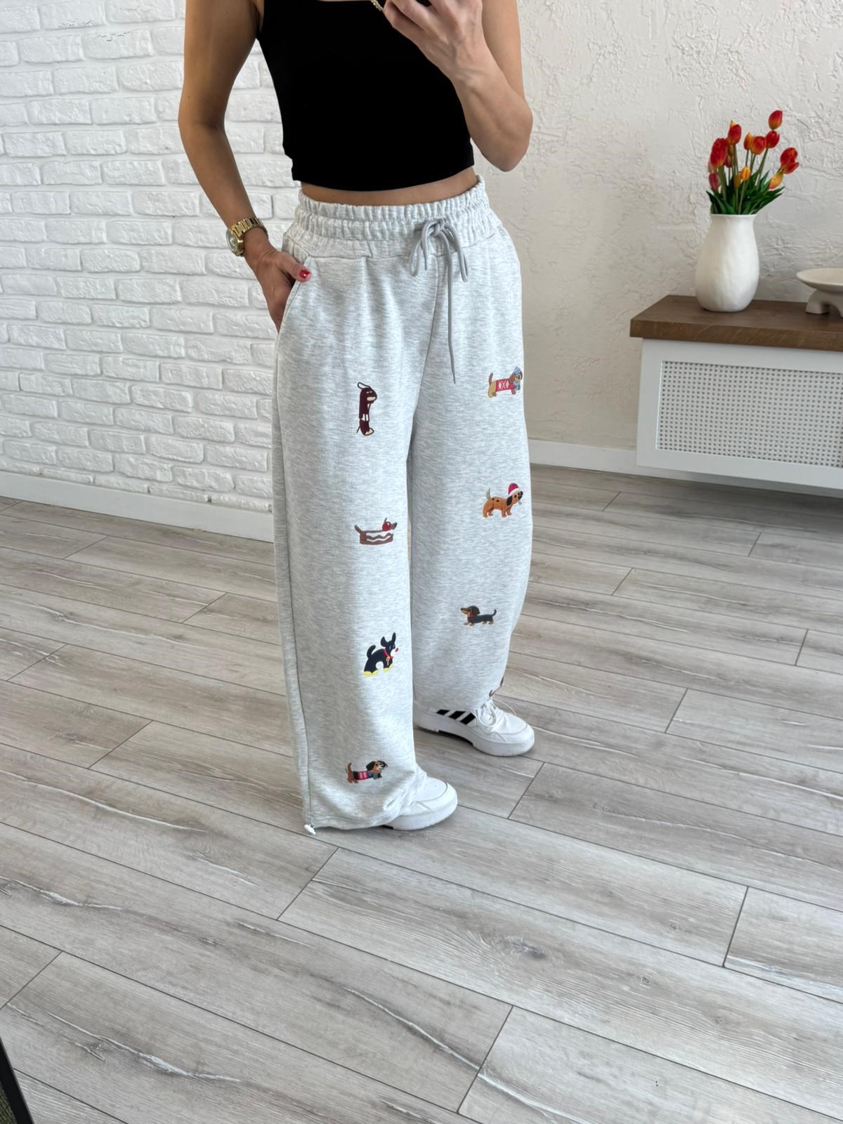 Köpek Baskılı Paça Ayarlanabilir Eşofman Gri 