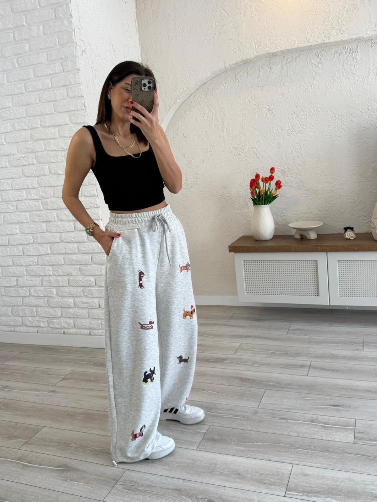 Köpek Baskılı Paça Ayarlanabilir Eşofman Gri 