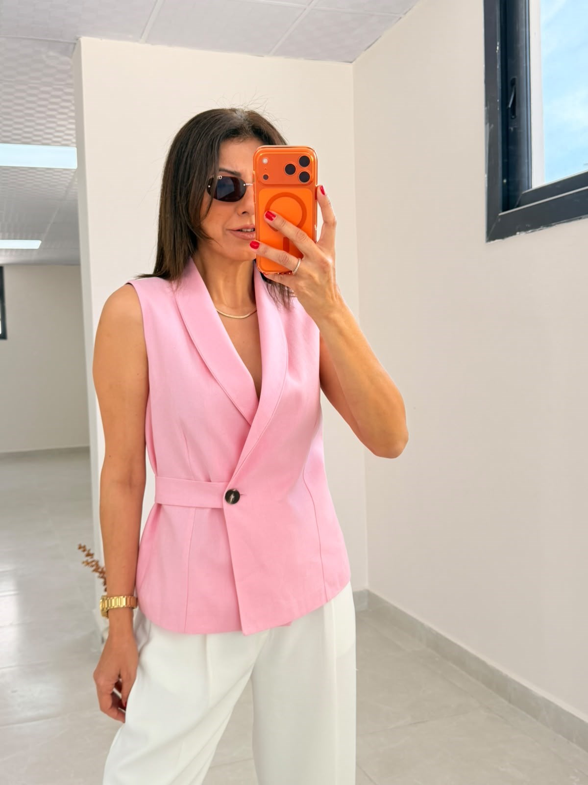 Kruvaze Yaka İç Astarlı Keten Yelek Pembe