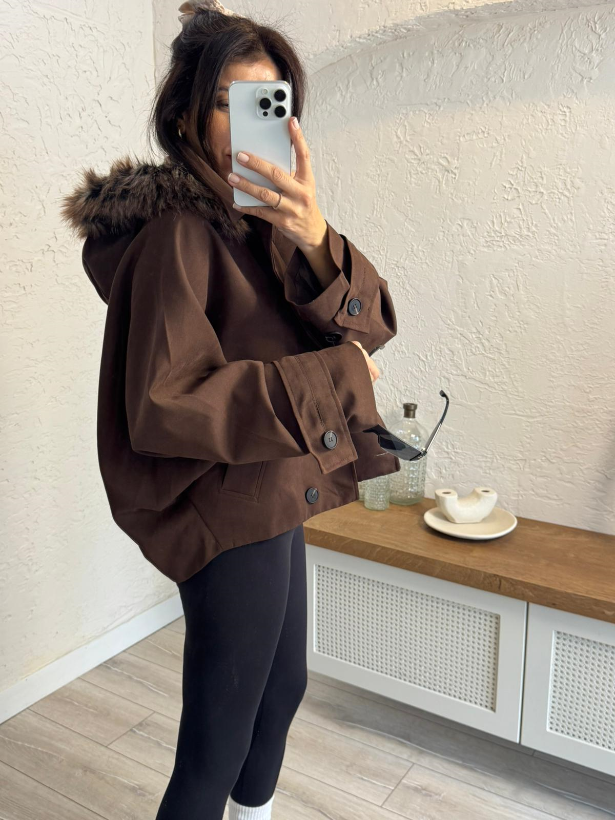 Kürk Kapşonlu Parka Kahve
