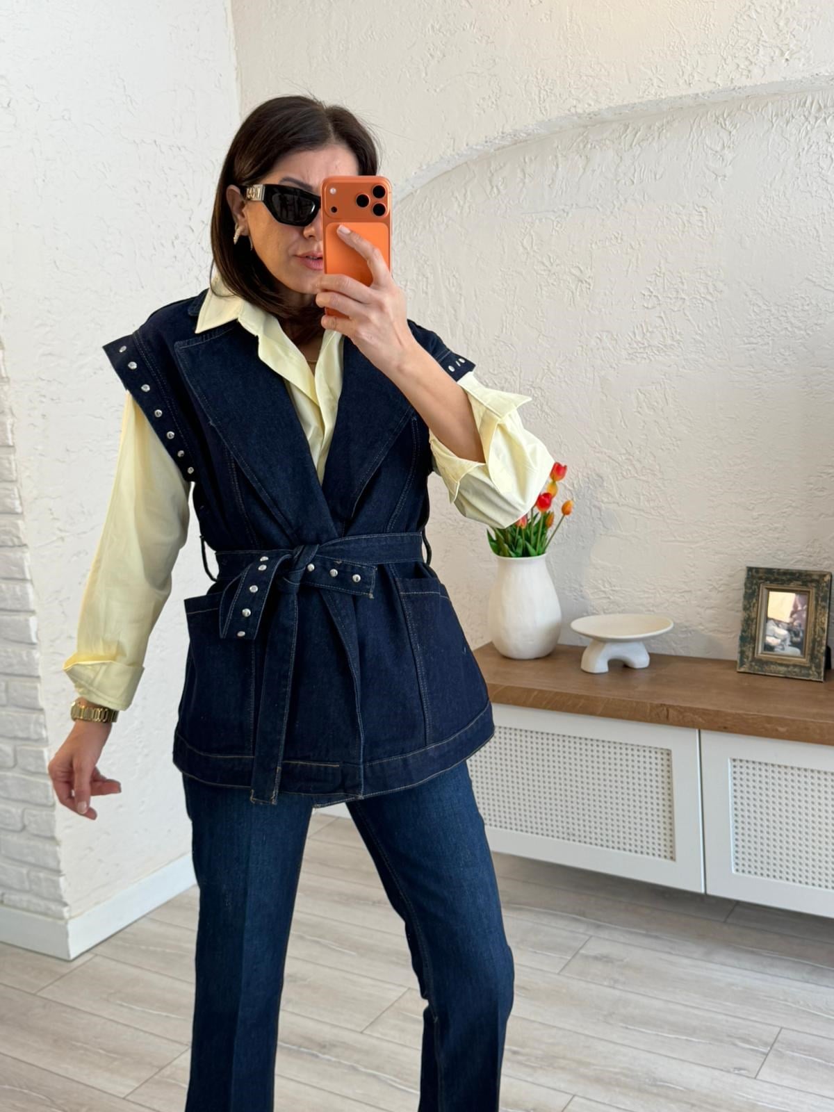 Kuşaklı Drop Detaylı Oversıze Yelek Blue Denim