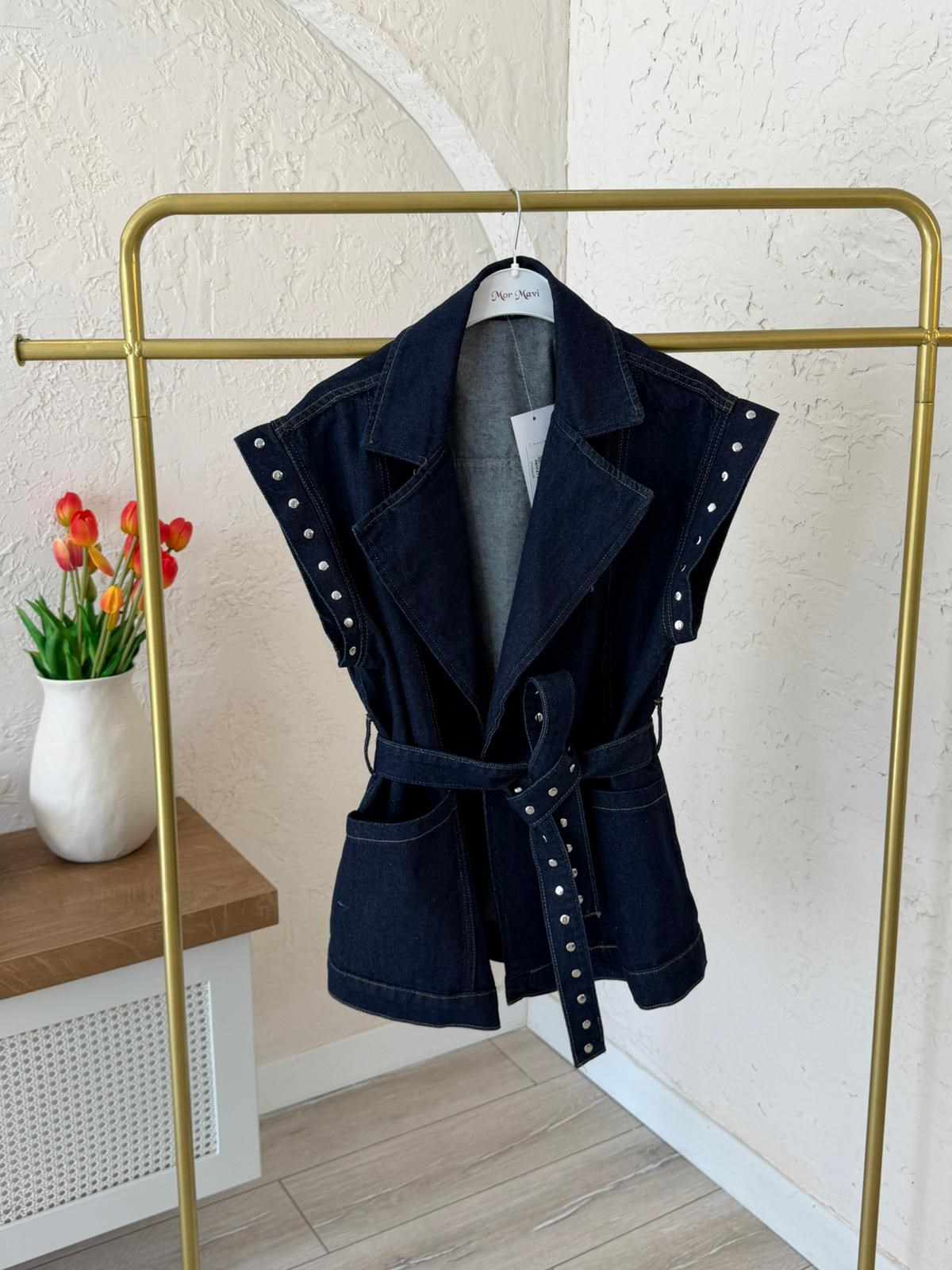 Kuşaklı Drop Detaylı Oversıze Yelek Blue Denim