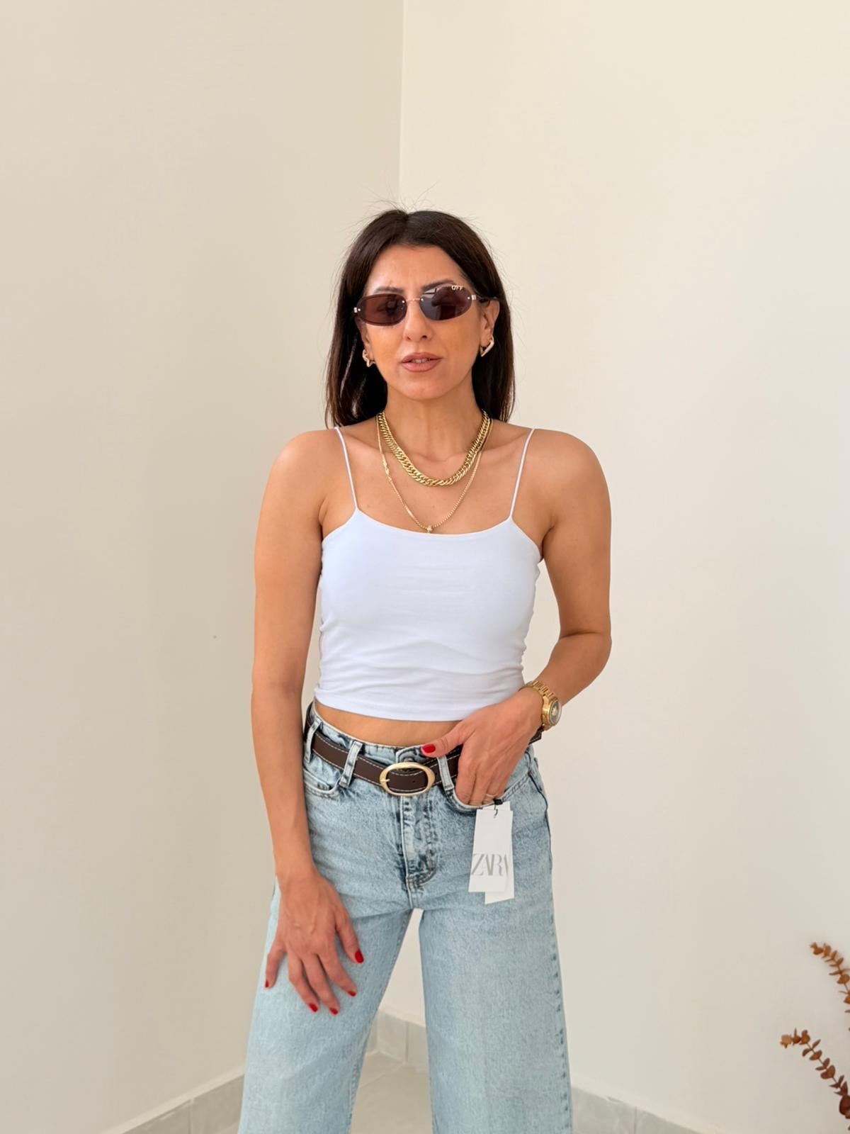 Lastik Askılı Crop Ekru