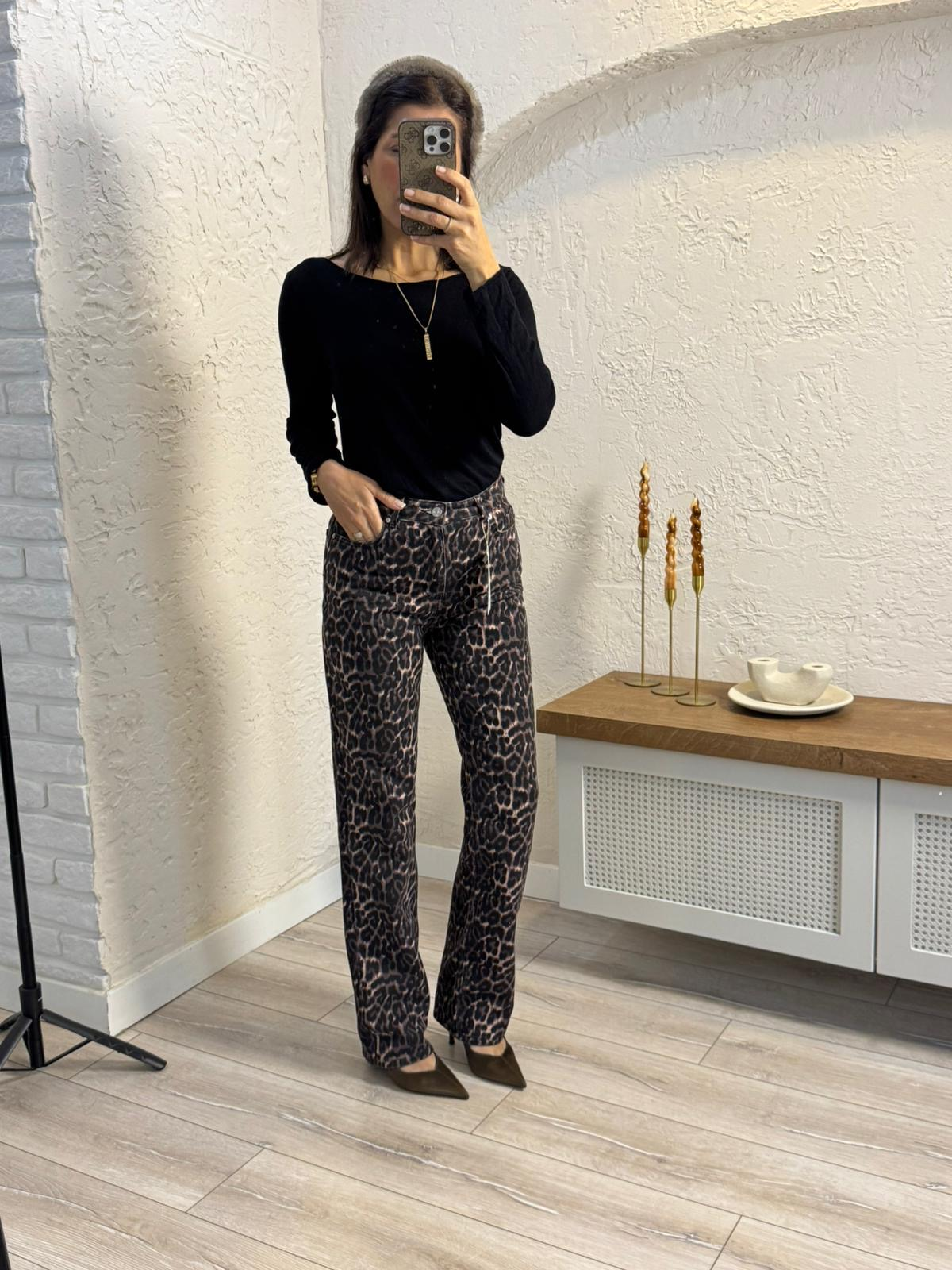 Leopar Desenli Straight Jean Kahve