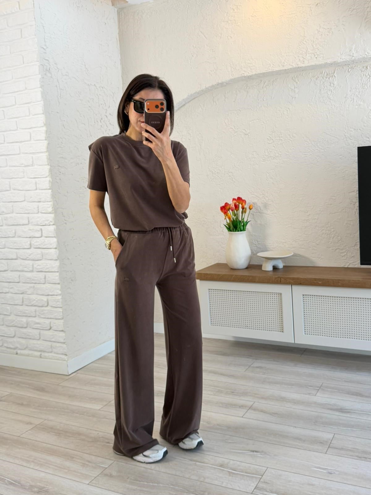 Lüx Kalite Bisiklet Yaka Palazzo Pantalonlu Takım Kahve 